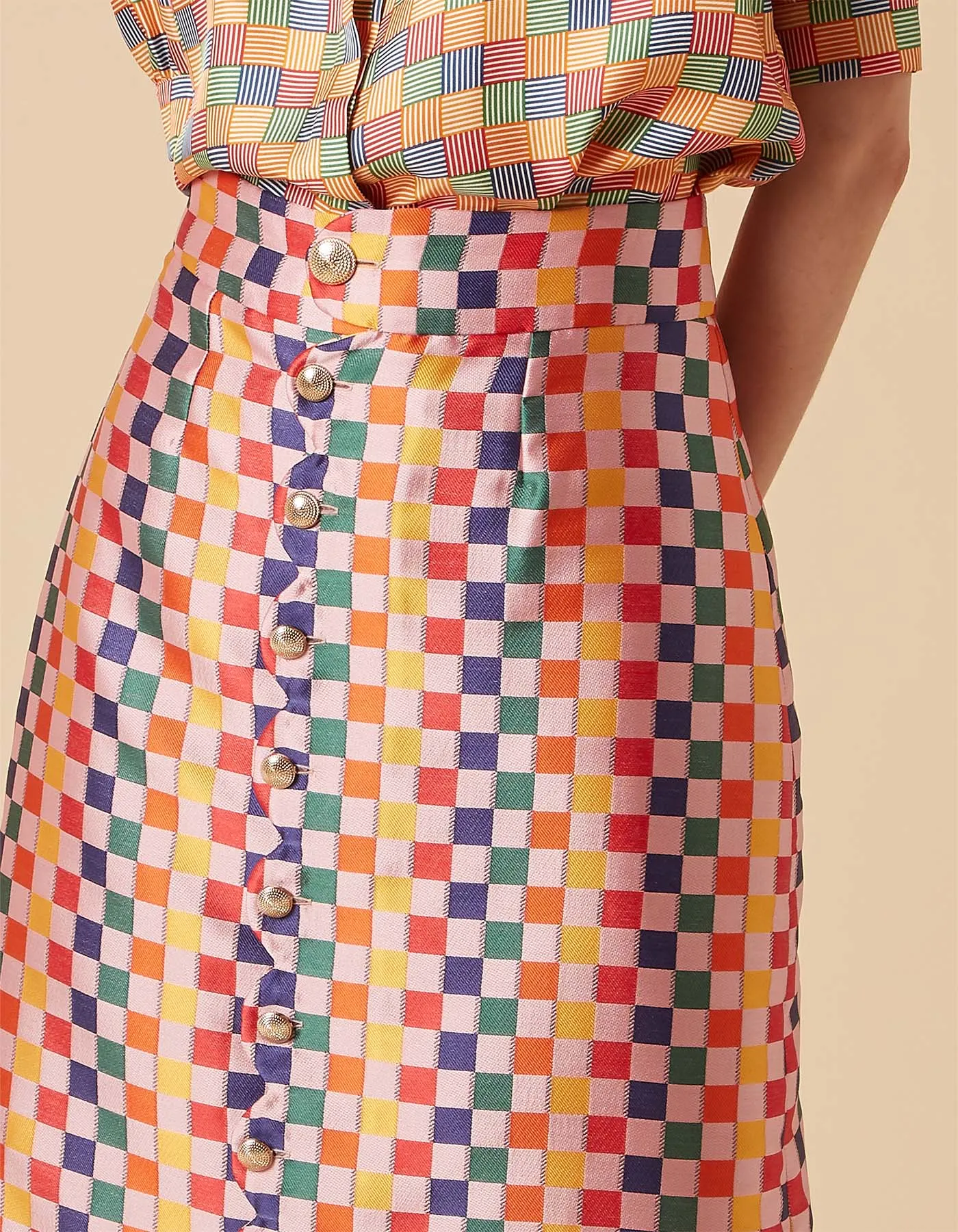 Frankie Rainbow Puzzle Print Silk Jacquard Midi Skirt