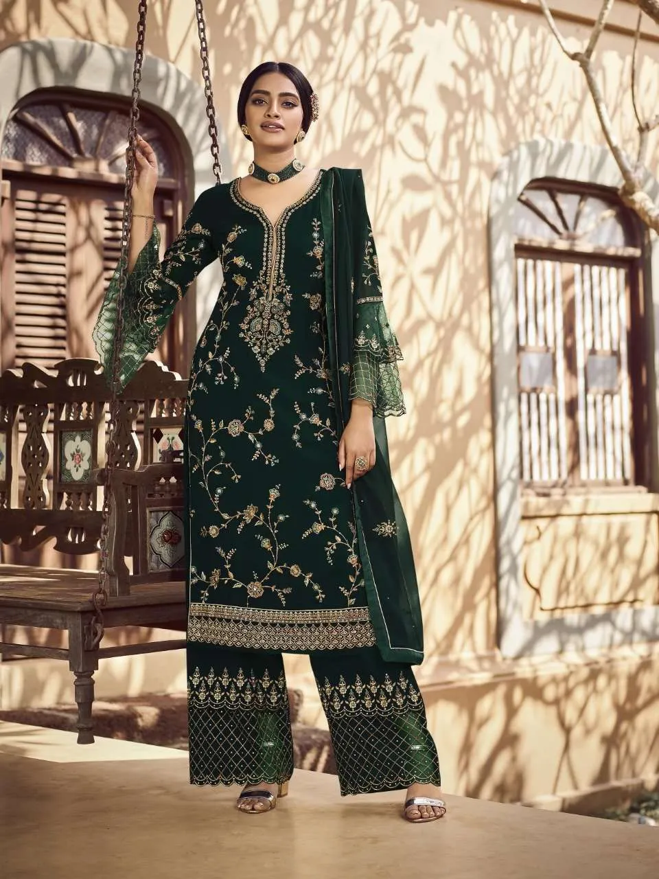 Green Colour Heavy Georgette Partywear Dress