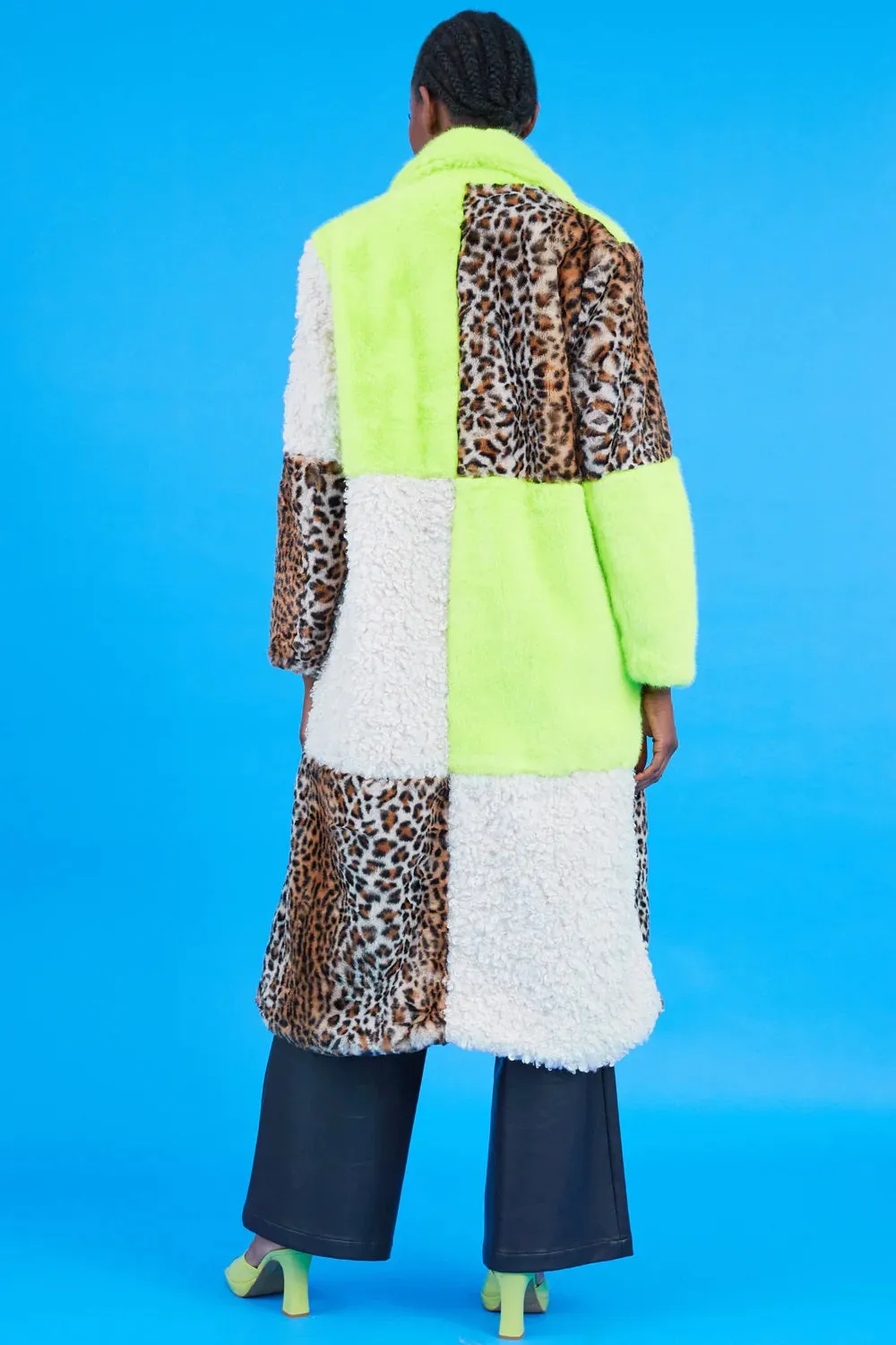 Green Faux Fur and Faux Shearling Maxi Coat