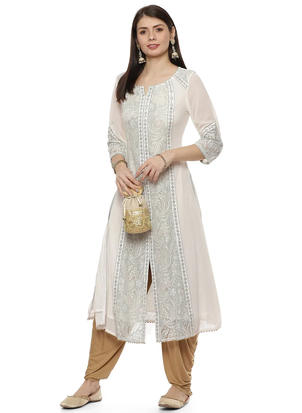 Green Nargis Collection Embroidered Kurta with Lace-Inserts