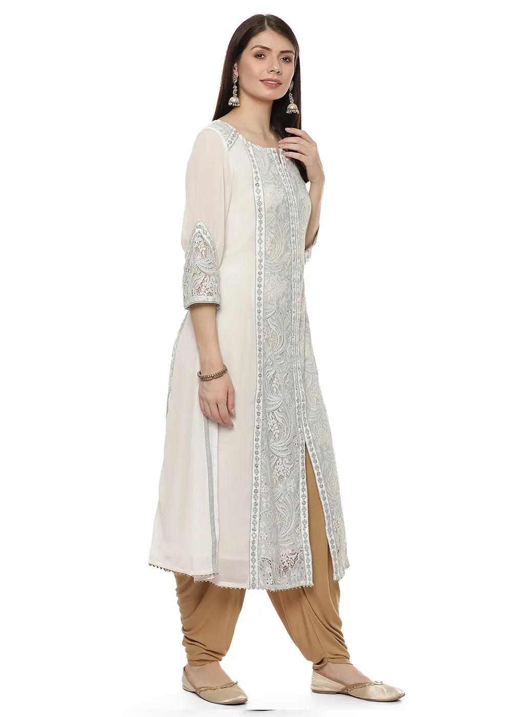 Green Nargis Collection Embroidered Kurta with Lace-Inserts