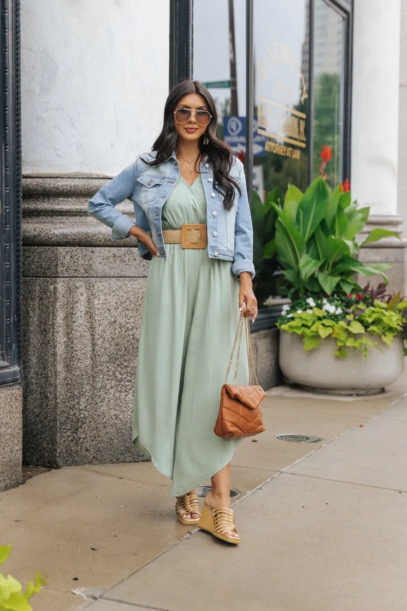 Green Surplice V Neck Belted Jumpsuit - FINAL SALE