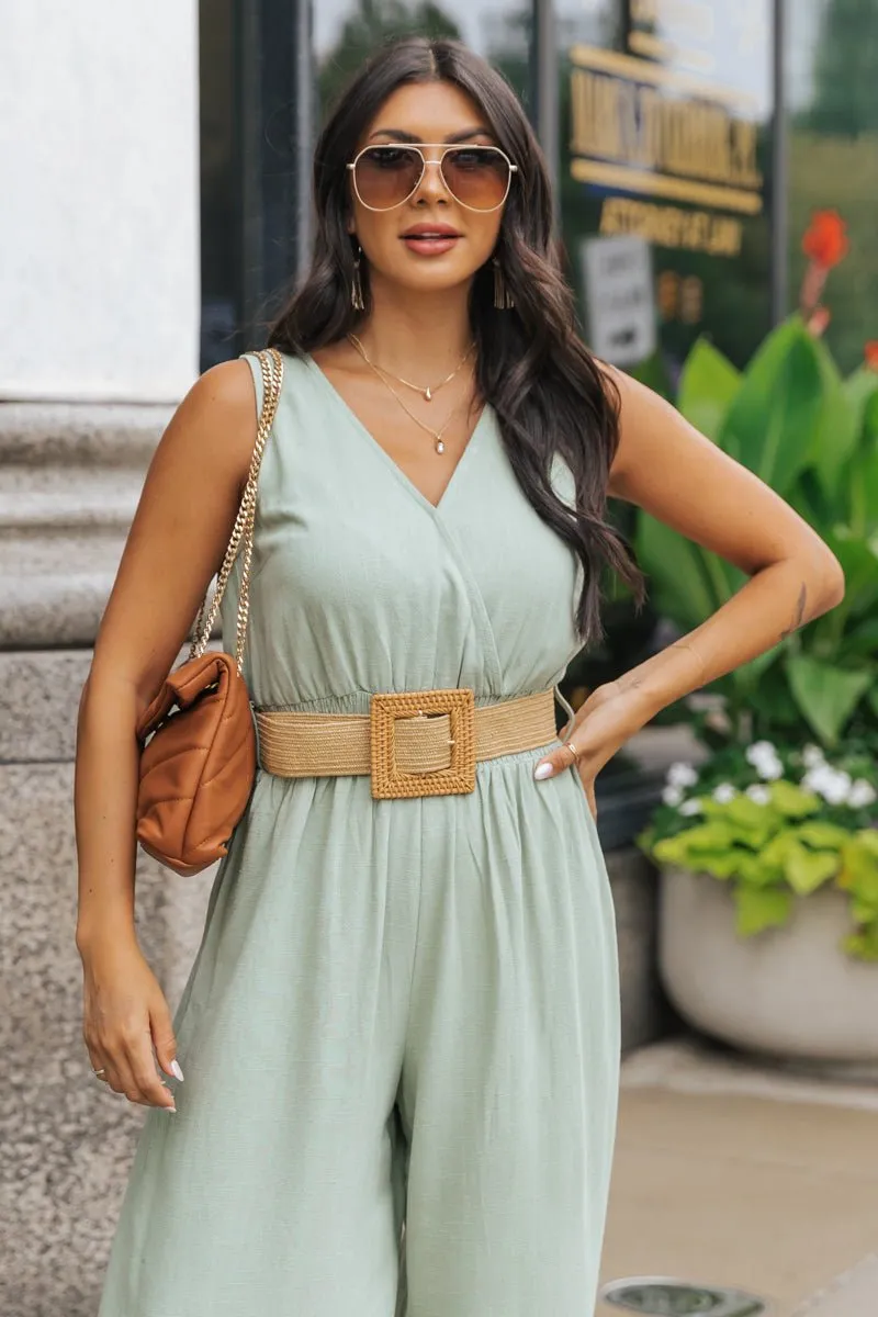 Green Surplice V Neck Belted Jumpsuit - FINAL SALE