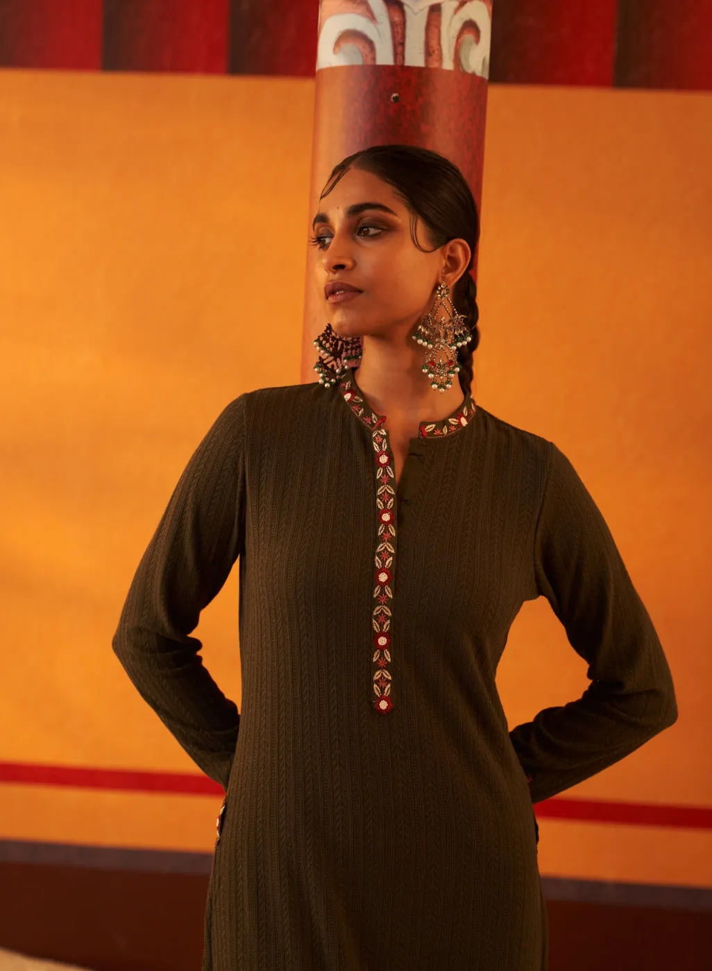 Green Woollen Kurta for Women with Threadwork