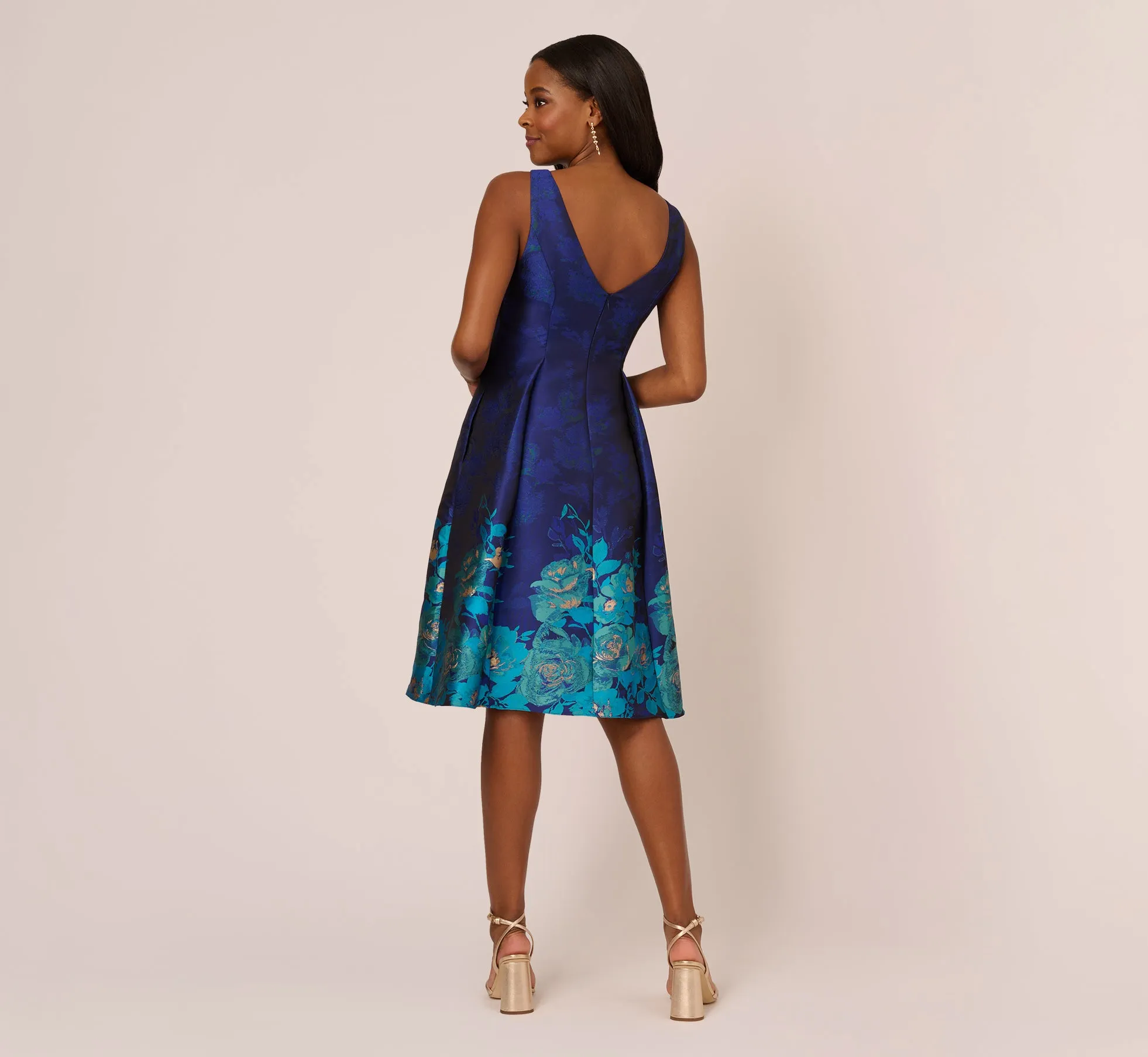 Jacquard Midi Dress With Metallic Floral Trim In Blue Teal Multi