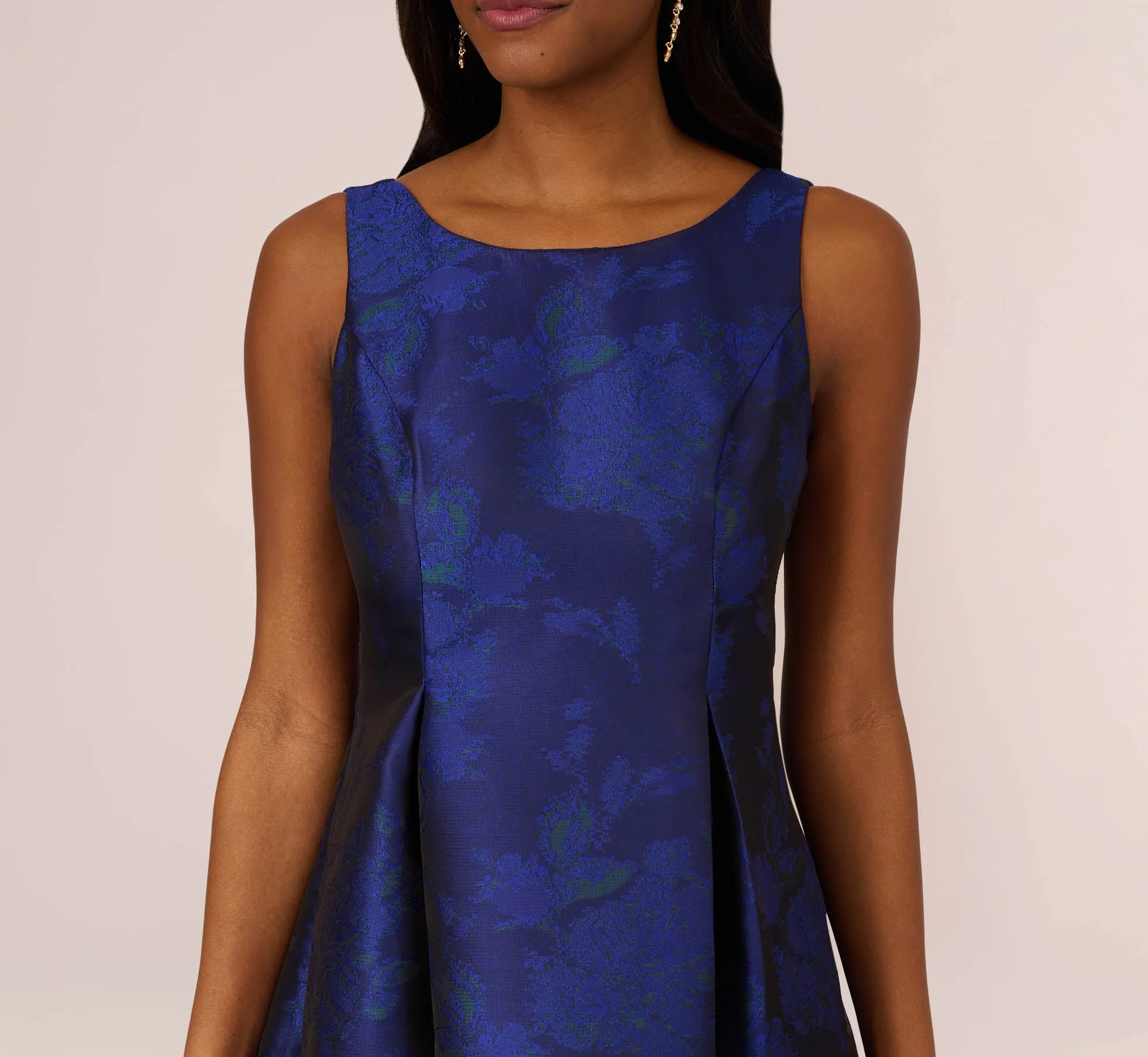 Jacquard Midi Dress With Metallic Floral Trim In Blue Teal Multi