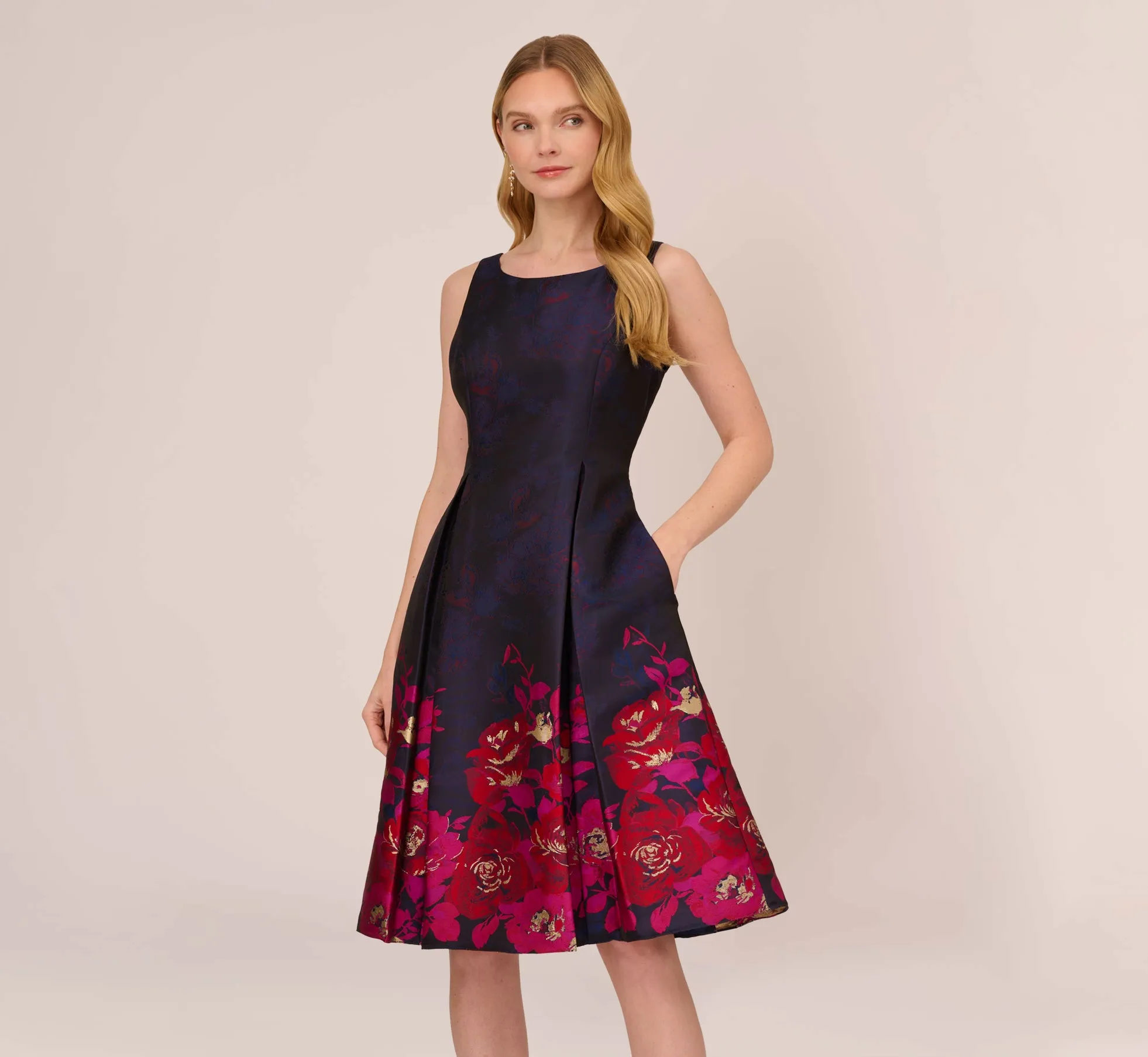 Jacquard Midi Dress With Metallic Floral Trim In Navy Pink Multi