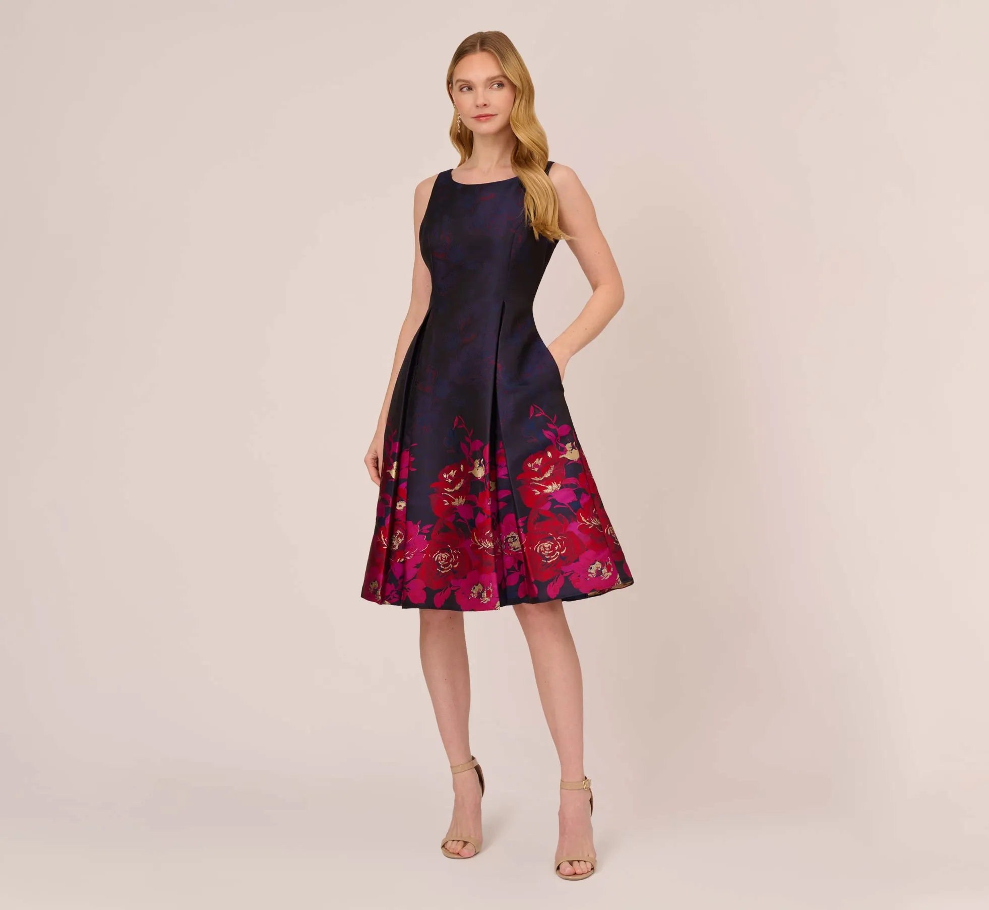 Jacquard Midi Dress With Metallic Floral Trim In Navy Pink Multi