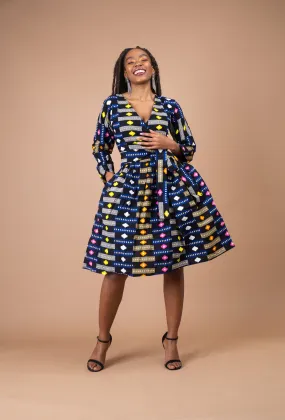 Joy Ankara Midi Dress | Yellow and Blue Multicolored African Print