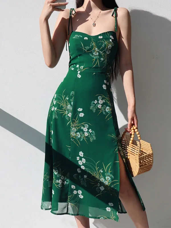 Lace Up Slit Trendy Floral Maxi Dress