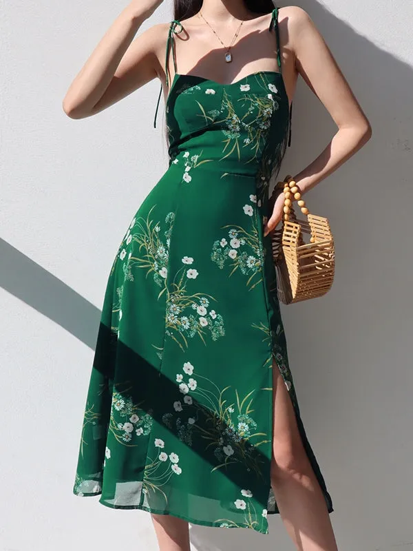 Lace Up Slit Trendy Floral Maxi Dress