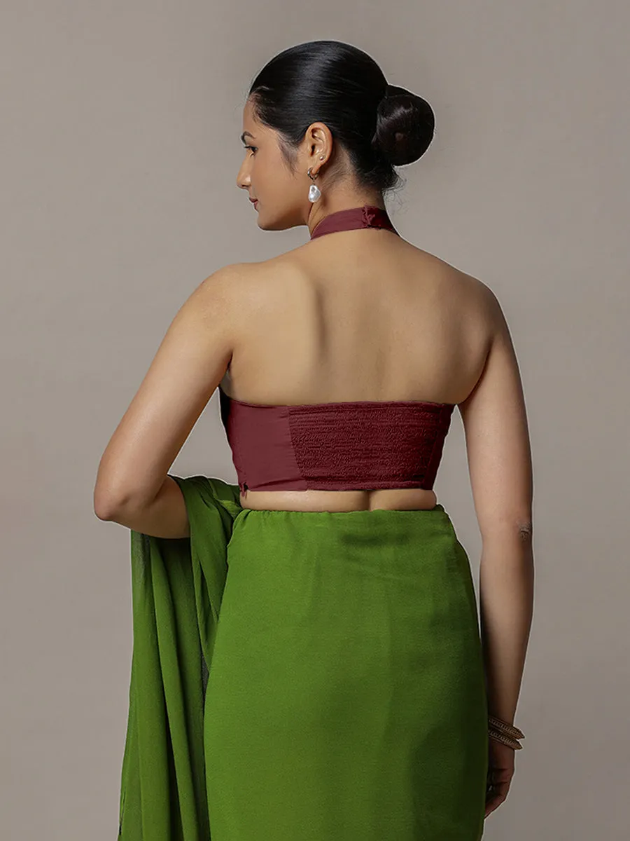 Laila x Rozaana | Burgundy Halter Neck Saree Blouse w/ FlexiFit™