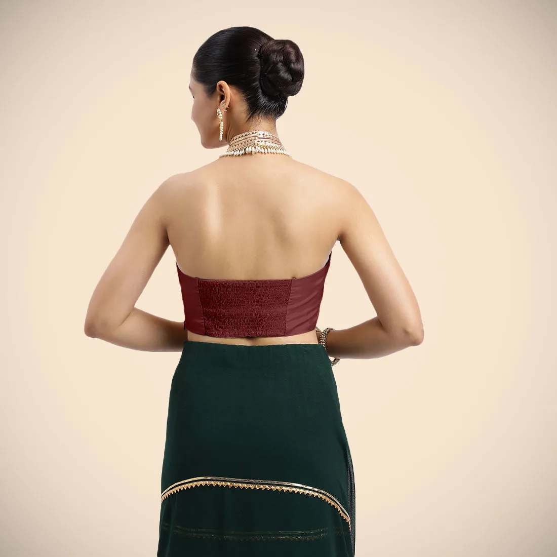 Laila x Tyohaar | Burgundy Halterneck FlexiFit™ Saree Blouse with Heavy Golden Gota and Pearl Embellishments