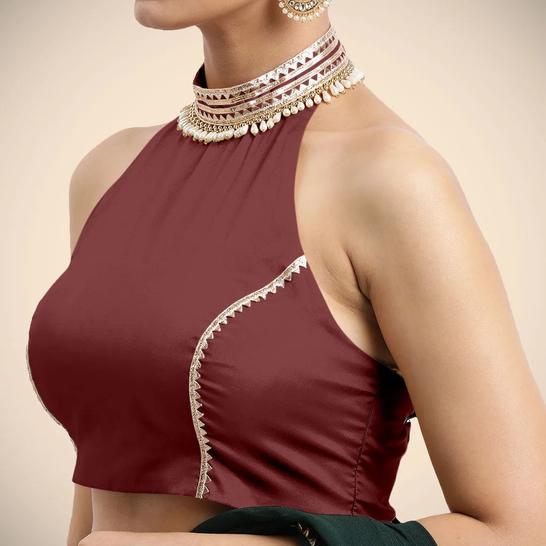 Laila x Tyohaar | Burgundy Halterneck FlexiFit™ Saree Blouse with Heavy Golden Gota and Pearl Embellishments