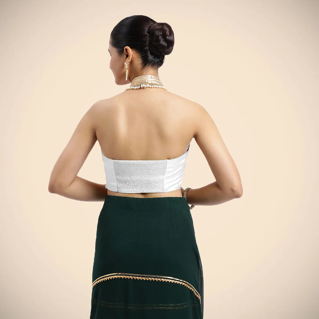 Laila x Tyohaar | Pearl White Halterneck FlexiFit™ Saree Blouse with Heavy Golden Gota and Pearl Embellishments