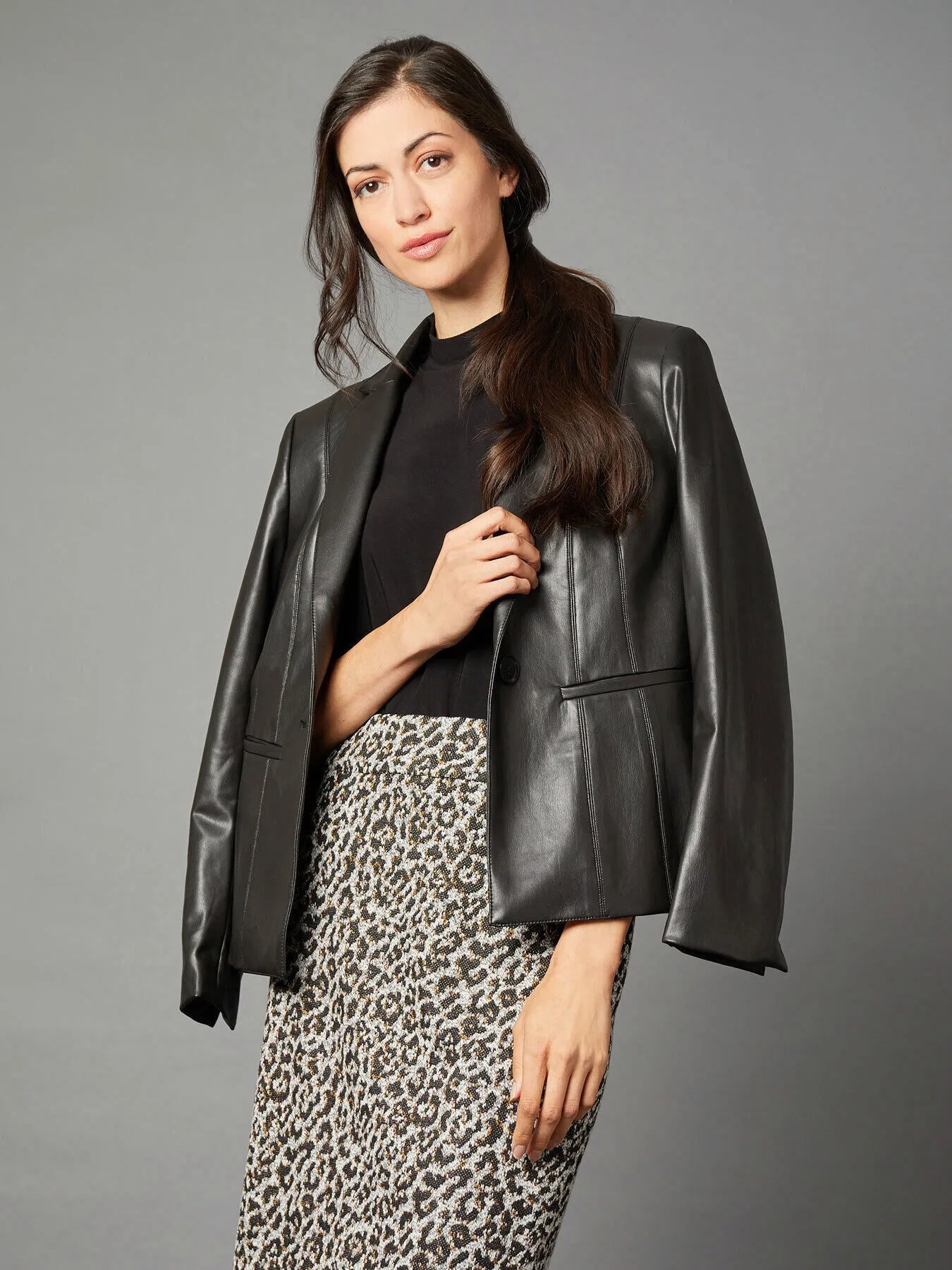 Lapel Collar Vegan Leather Blazer