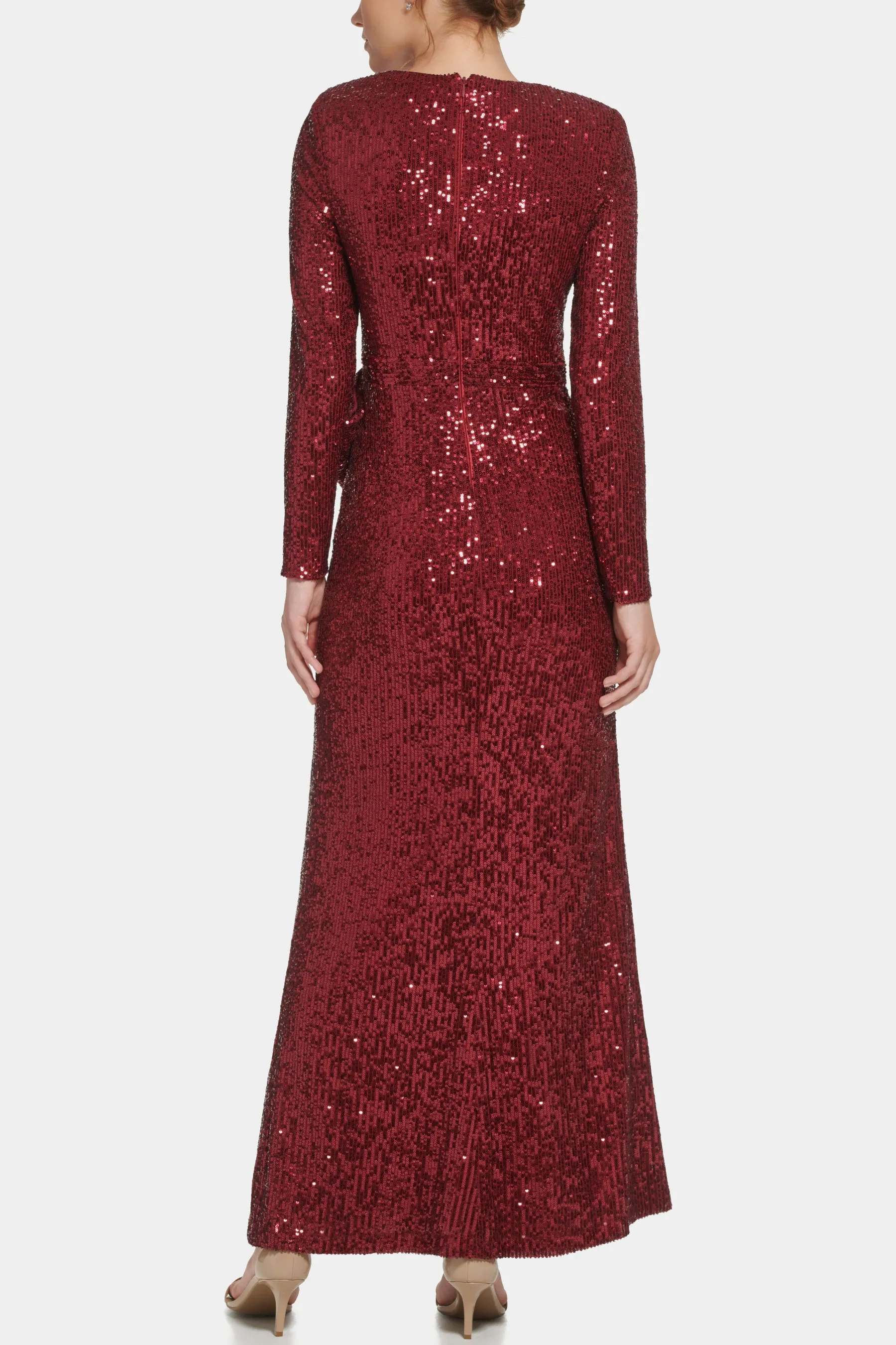 Long Sleeve Surplice Wrap Sequin Gown