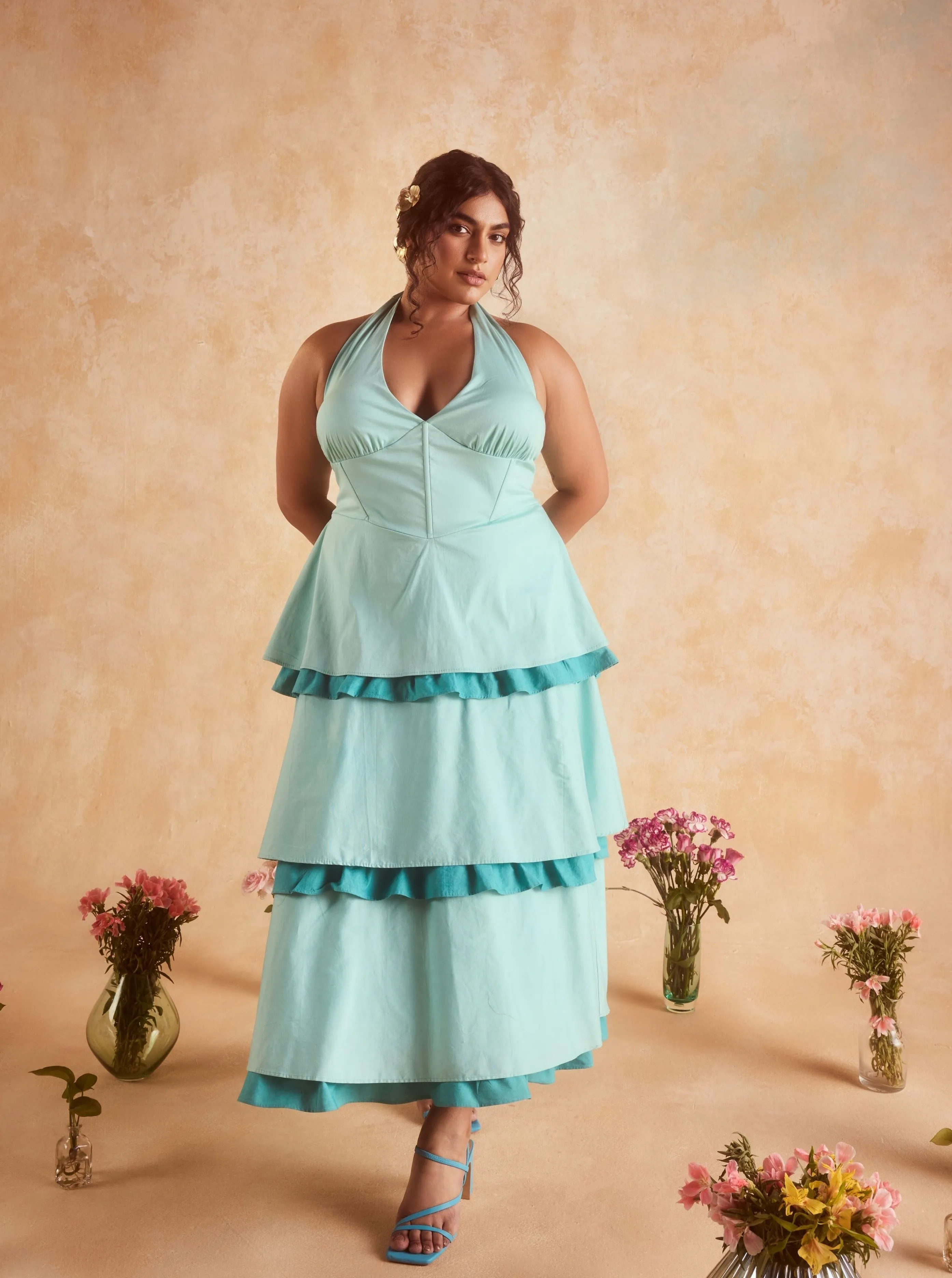 Lova Teal Corset Ruffled Dress