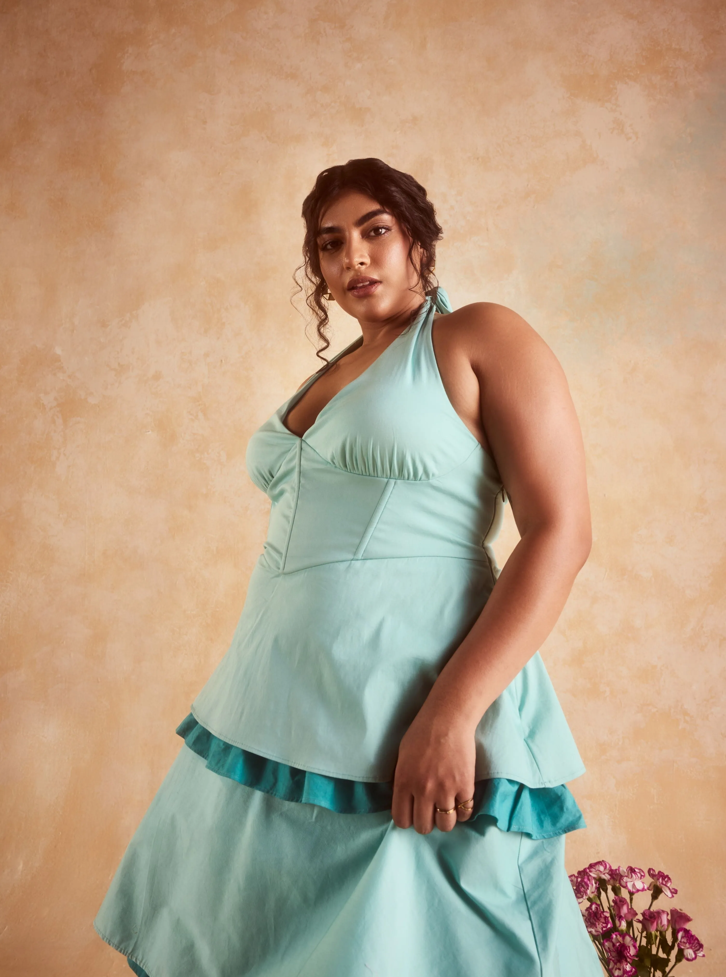 Lova Teal Corset Ruffled Dress