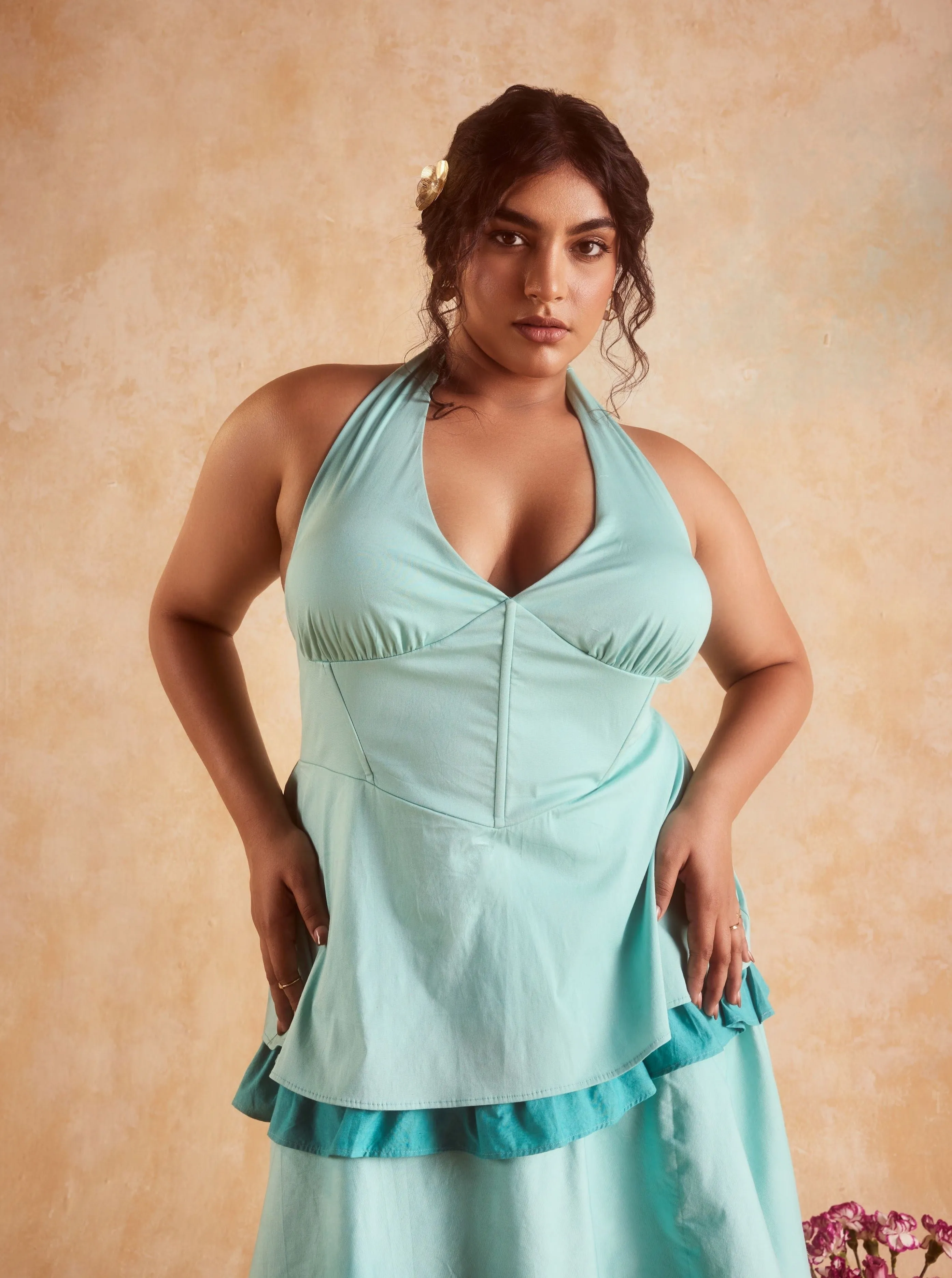 Lova Teal Corset Ruffled Dress