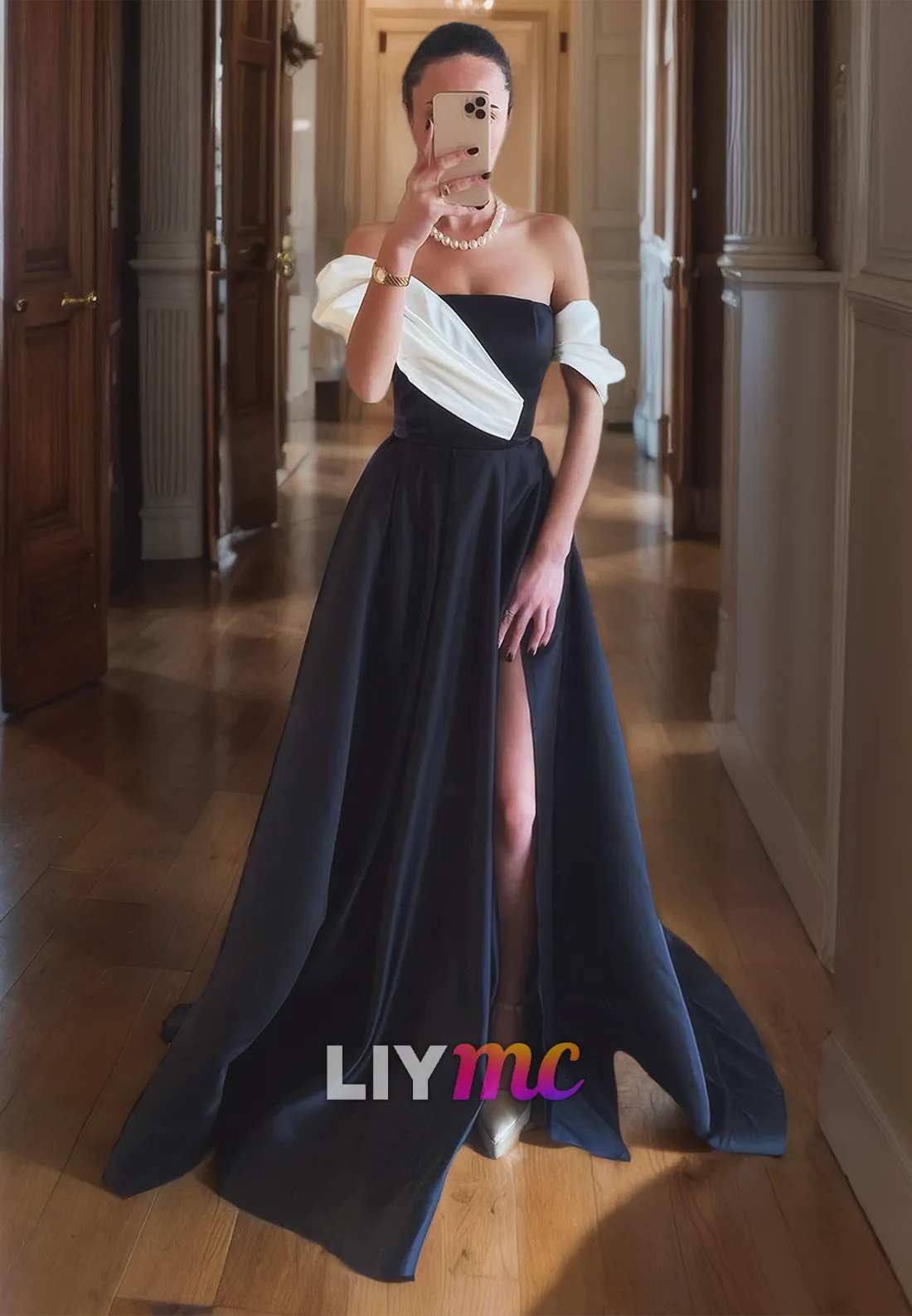 LP1401 - Elegant Off-Shoulder Pleated Sleek Satin Side Slit A-Line Prom Dress