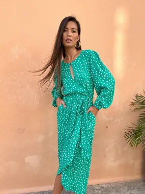 Mabel Midaxi Mock Wrap Dress in Odd Dot White on Sea Green