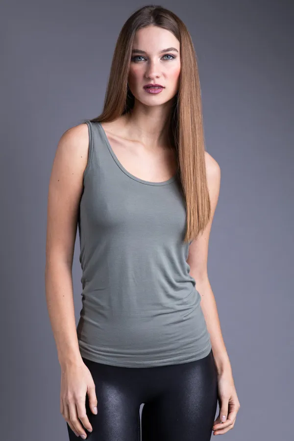 Majestic Flat Edge Scoop Viscose Tank in Kaki Army