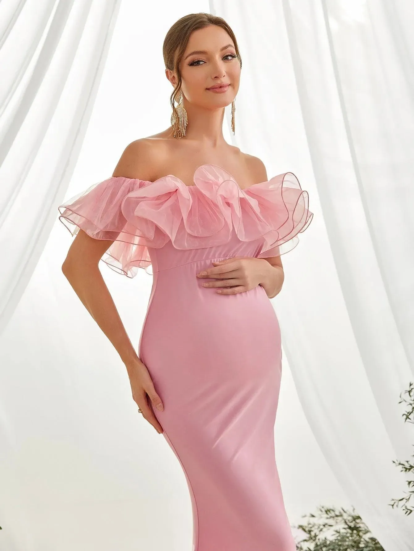 Maternity Ruffle Trim Off Shoulder Mermaid Hem Party Dress