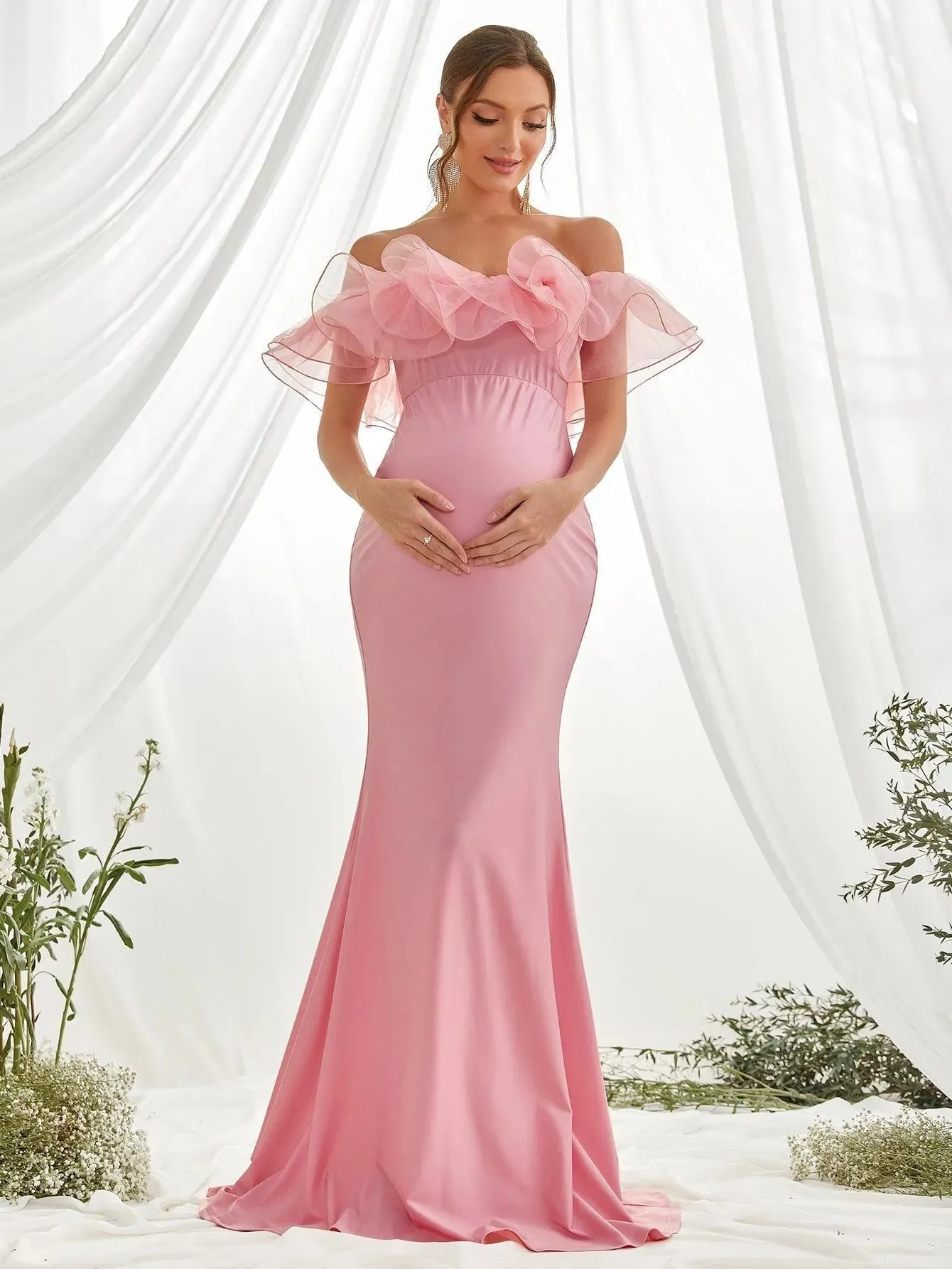 Maternity Ruffle Trim Off Shoulder Mermaid Hem Party Dress