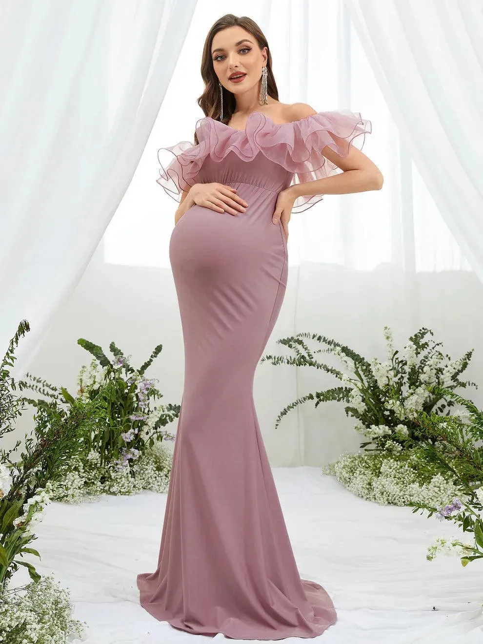 Maternity Ruffle Trim Off Shoulder Mermaid Hem Party Dress