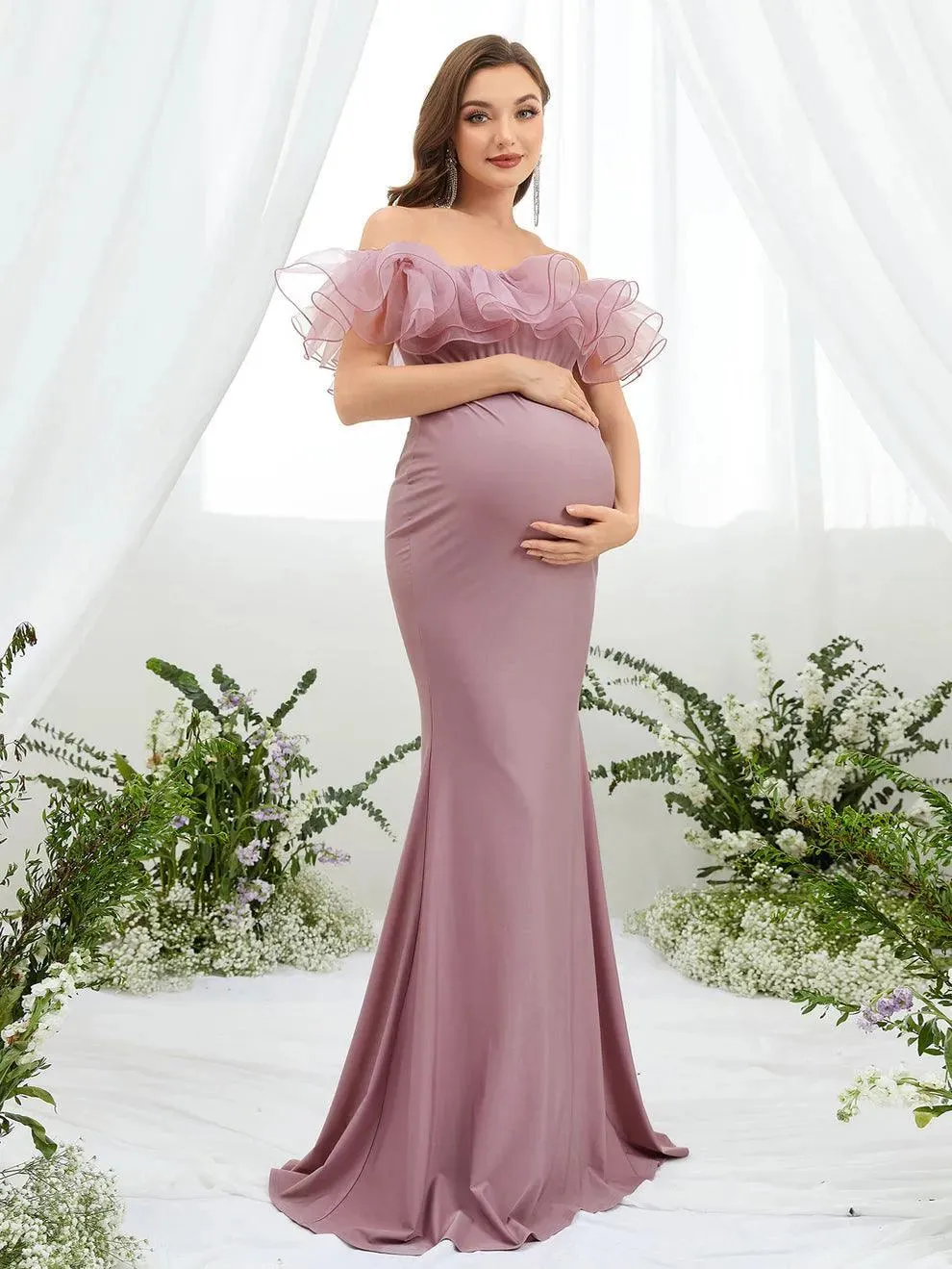 Maternity Ruffle Trim Off Shoulder Mermaid Hem Party Dress