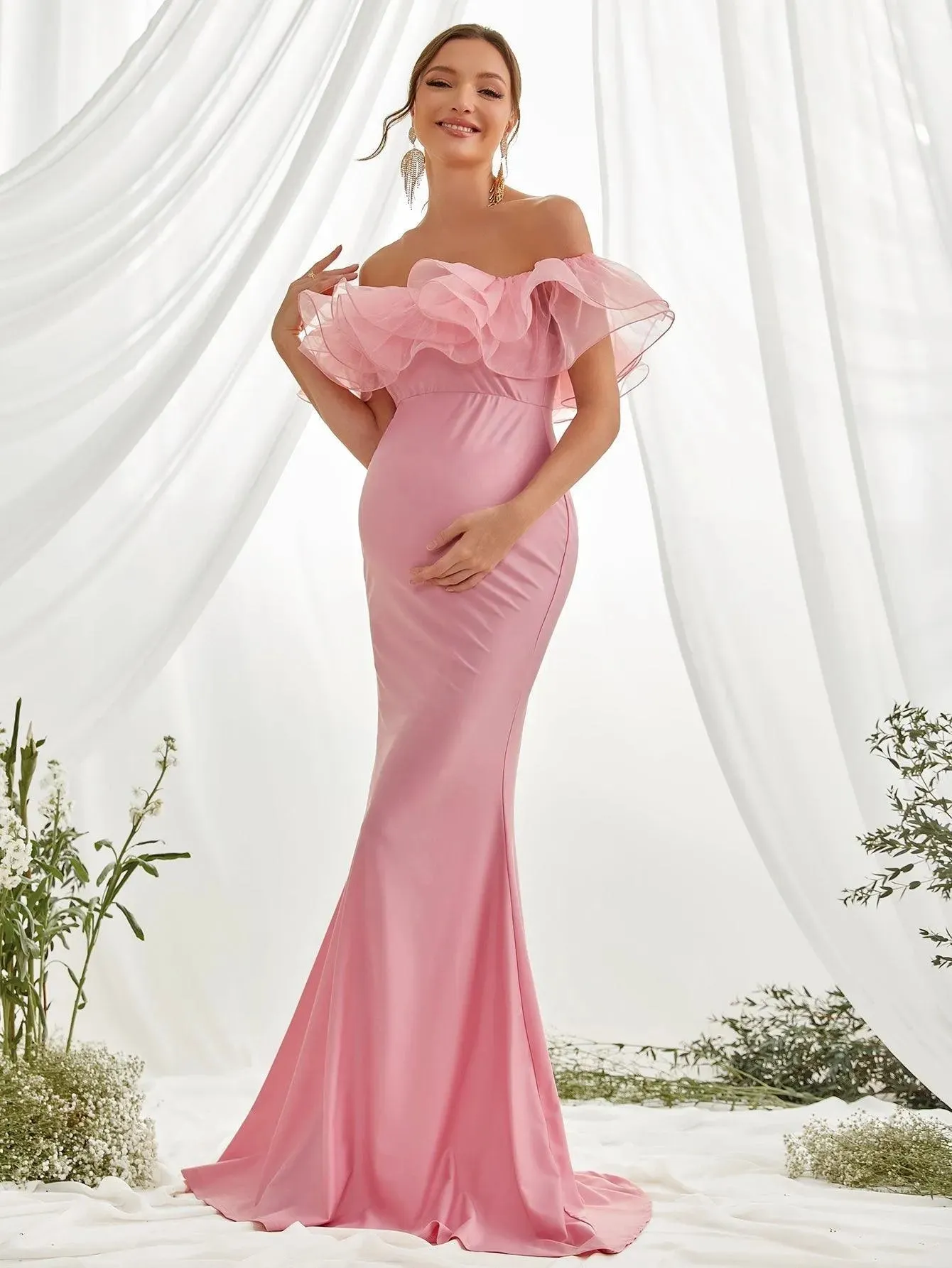 Maternity Ruffle Trim Off Shoulder Mermaid Hem Party Dress