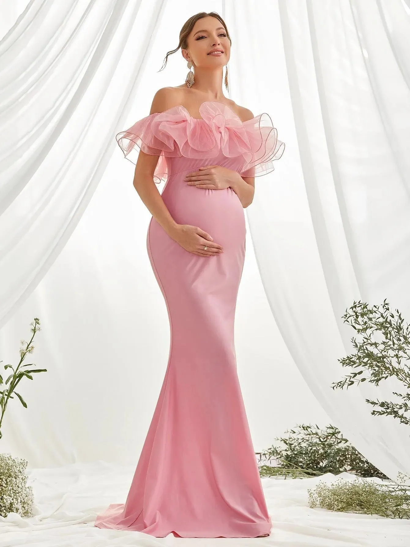 Maternity Ruffle Trim Off Shoulder Mermaid Hem Party Dress