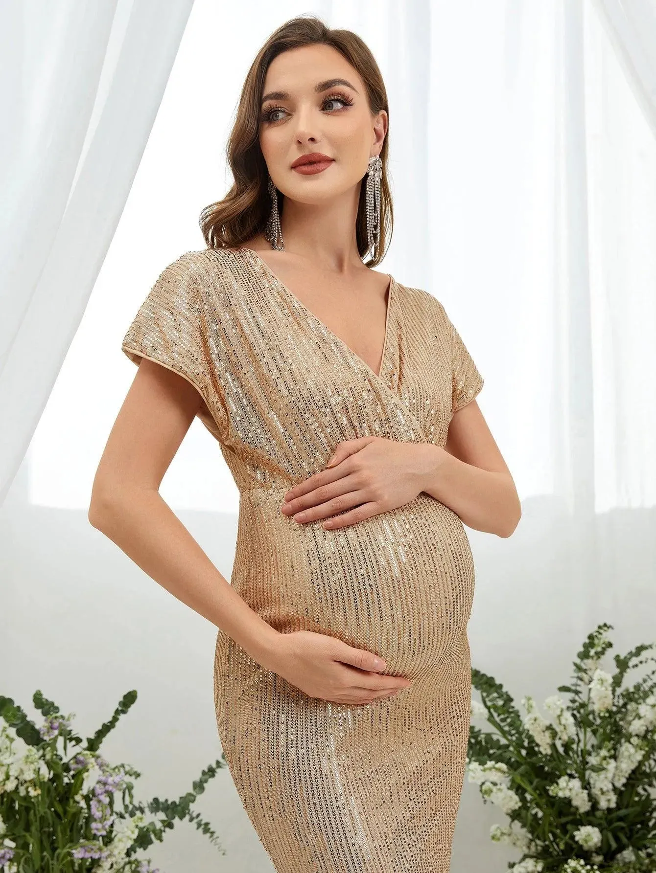 Maternity Surplice Neck Sequin Mermaid Party Dress