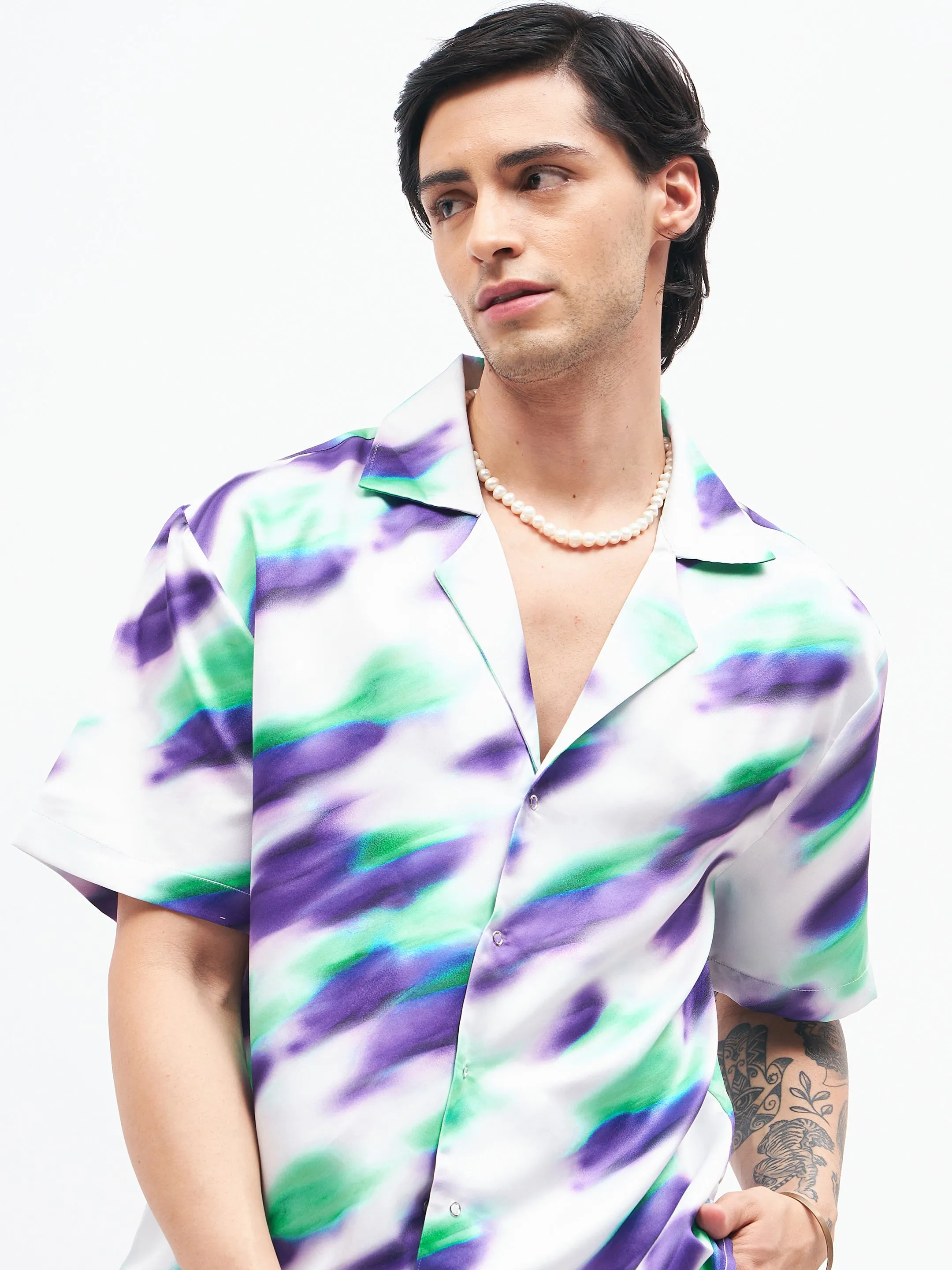 Men White Abstract Short Sleeves Satin Shirt