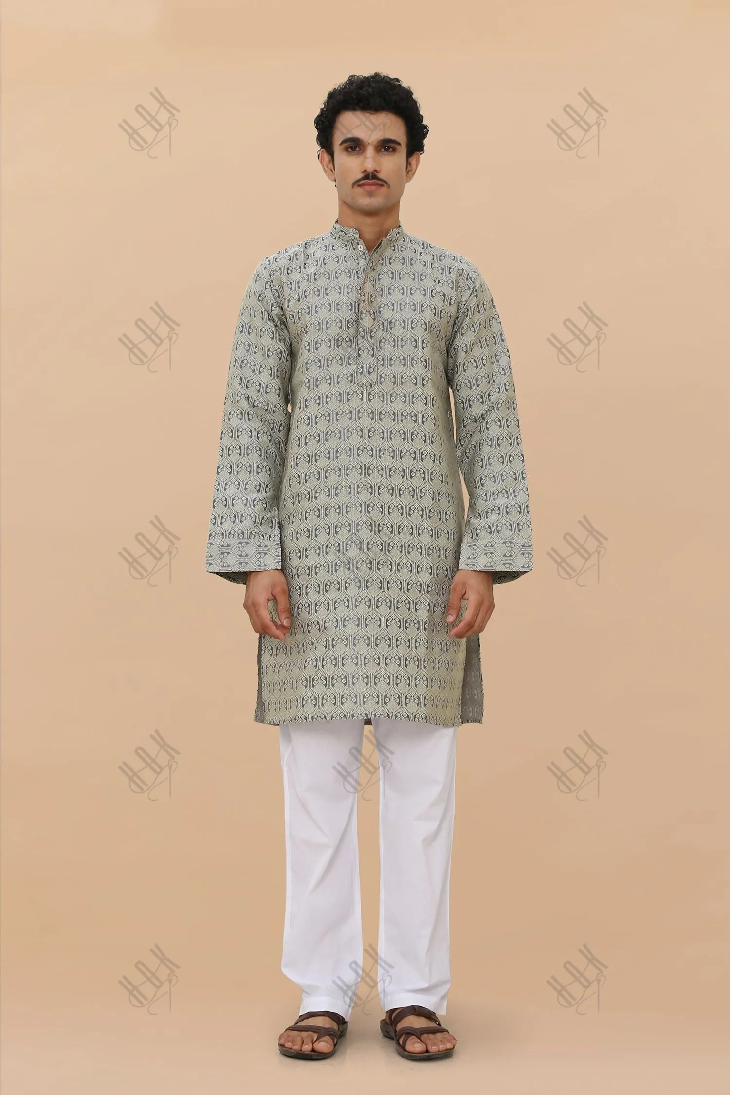 Men's Kurta In Jacquard Self  Grey Blue