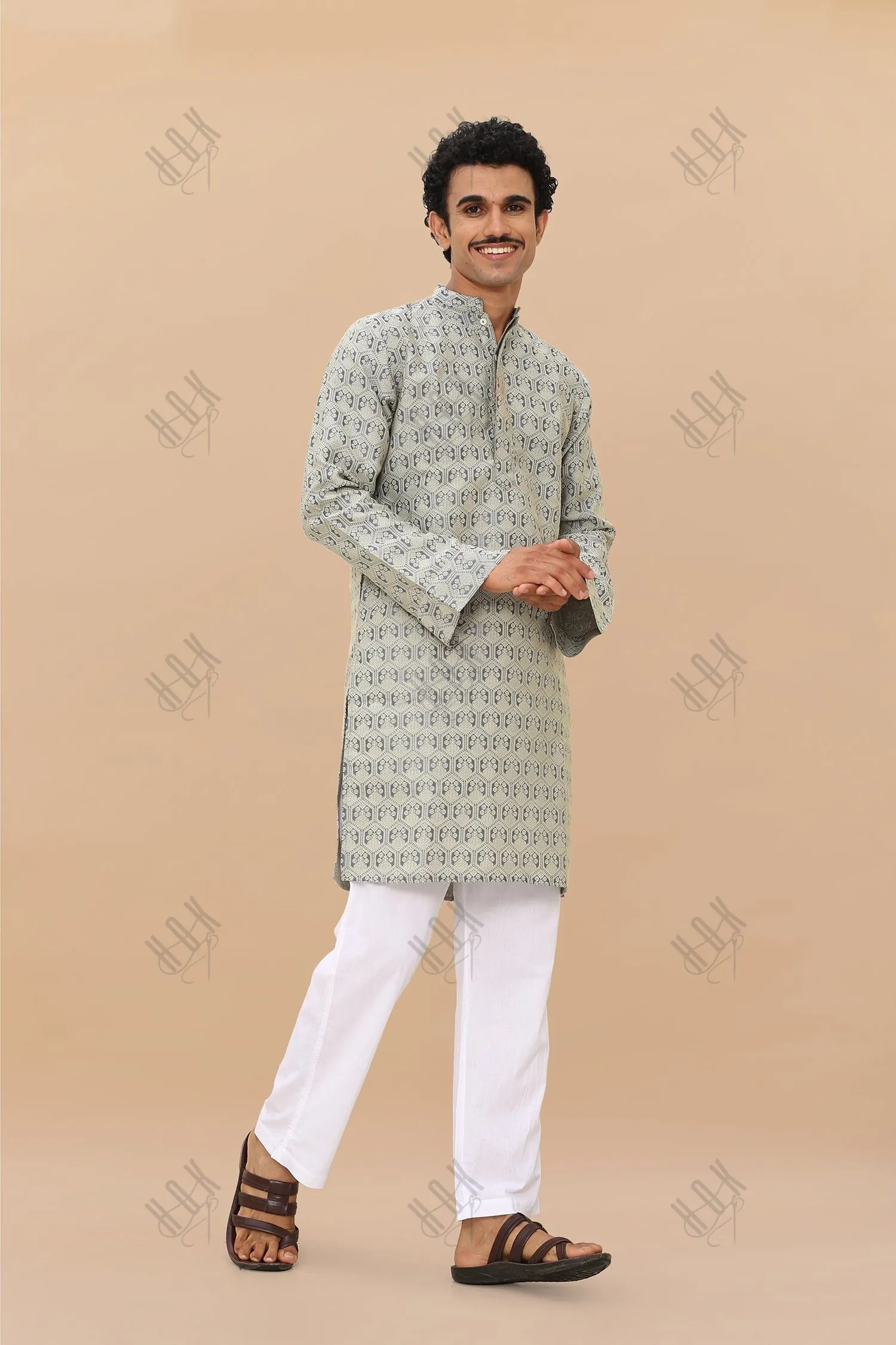 Men's Kurta In Jacquard Self  Grey Blue