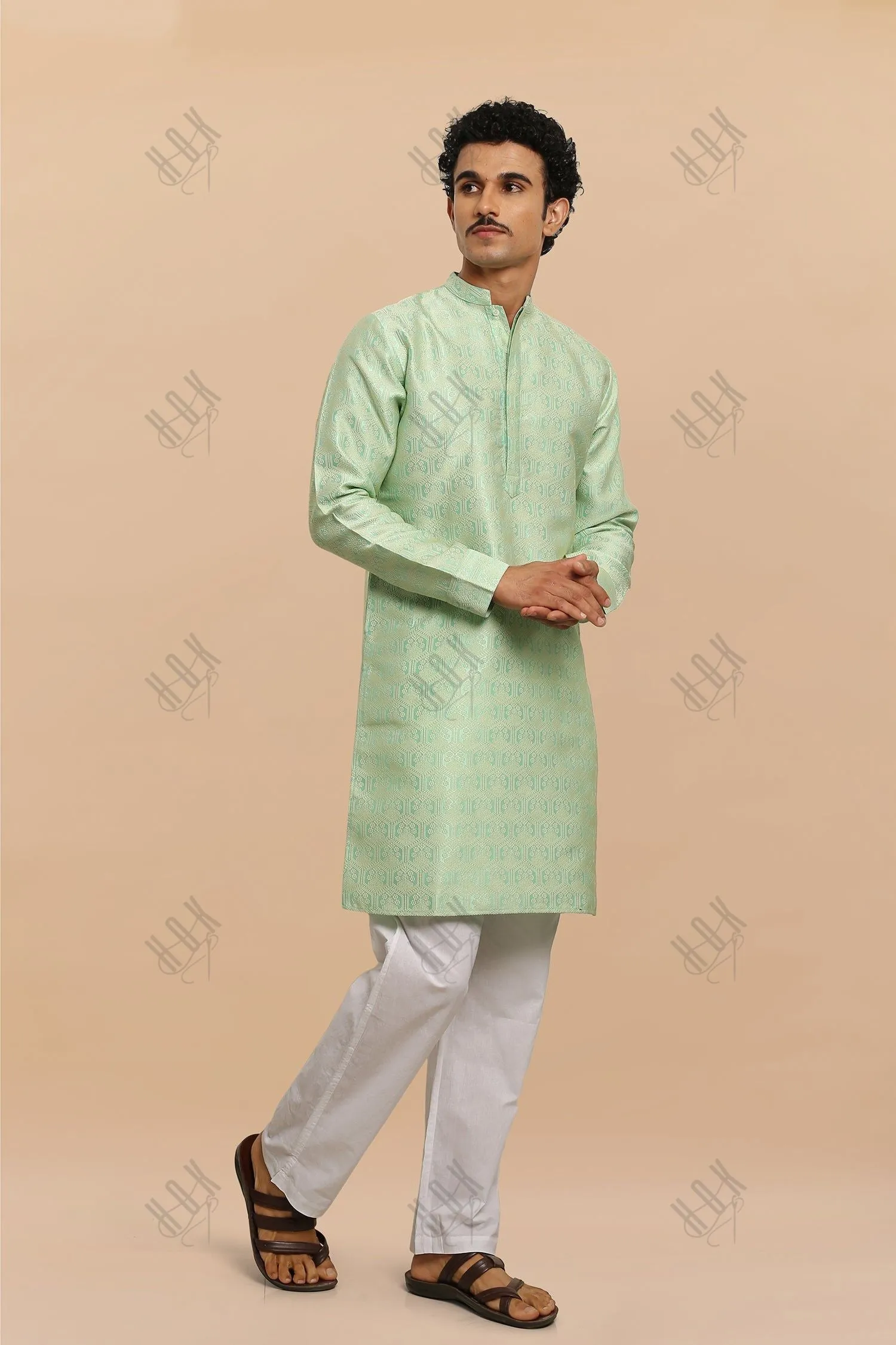 Men's Kurta In Jacquard Self  Lime Green