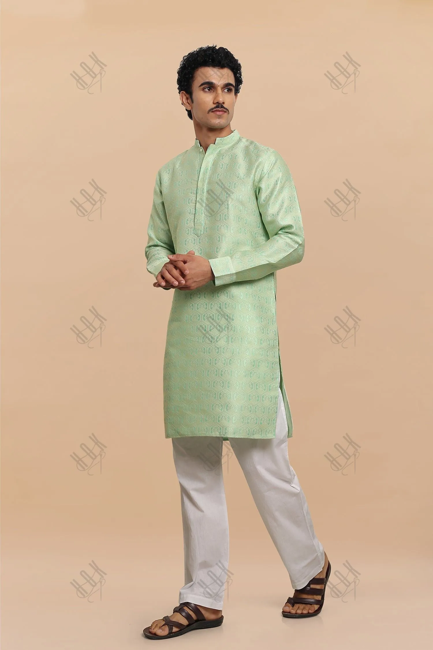 Men's Kurta In Jacquard Self  Lime Green