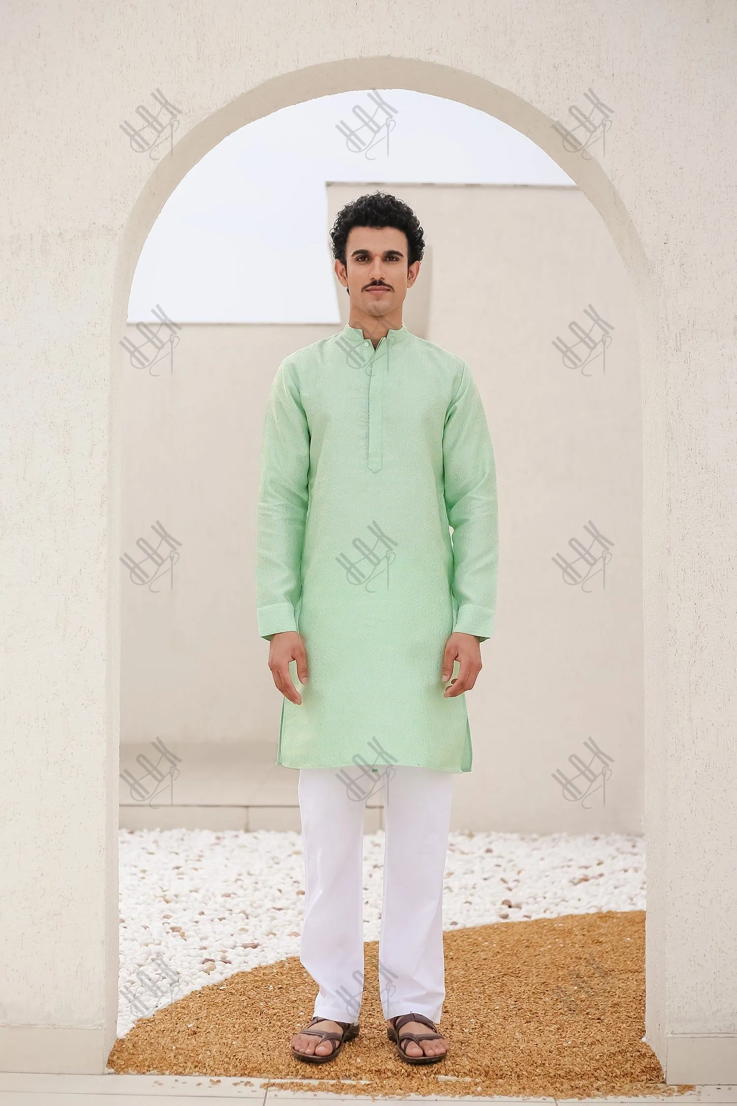 Men's Kurta In Jacquard Self  Lime Green