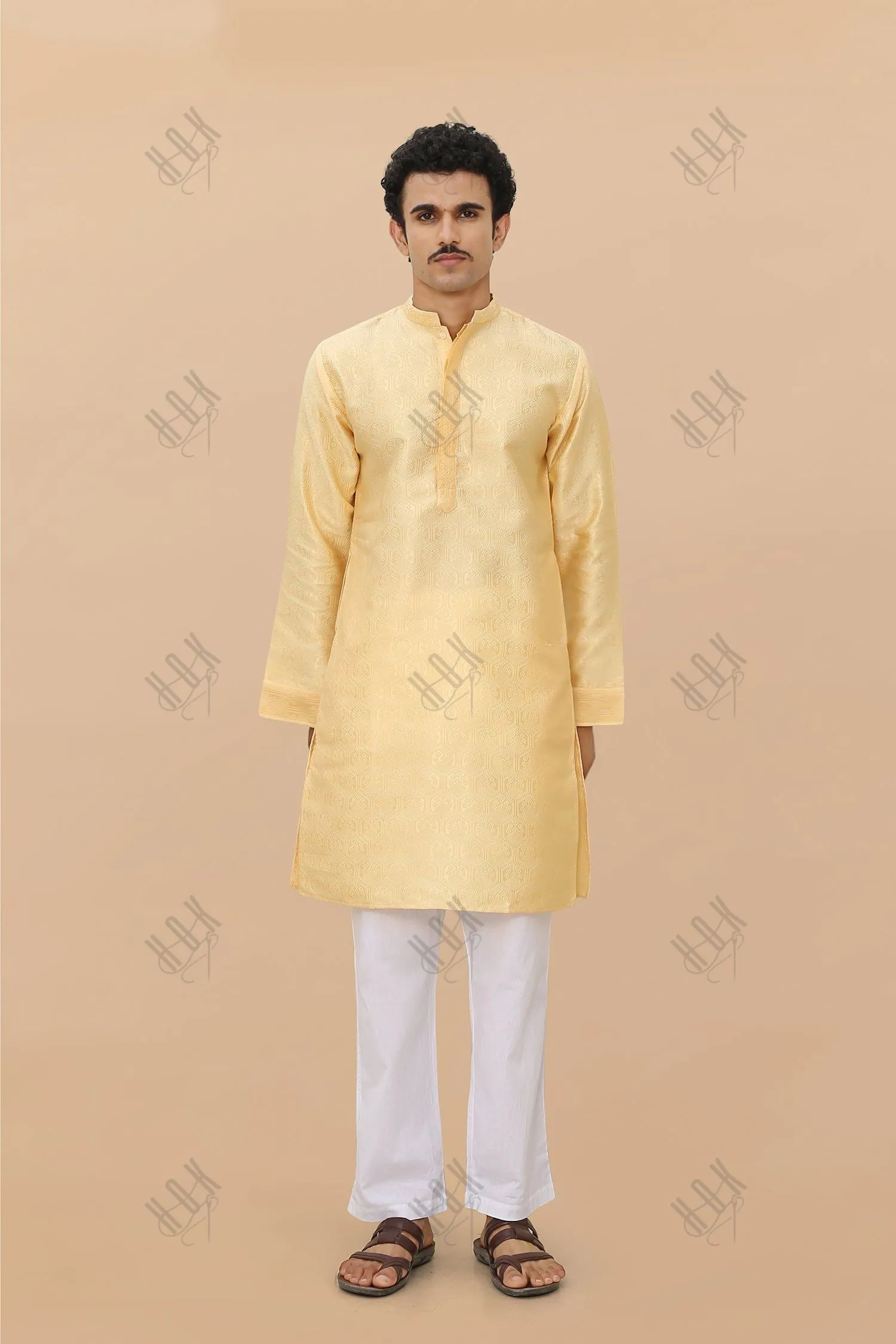 Men's Kurta In Jacquard Self  Yellow