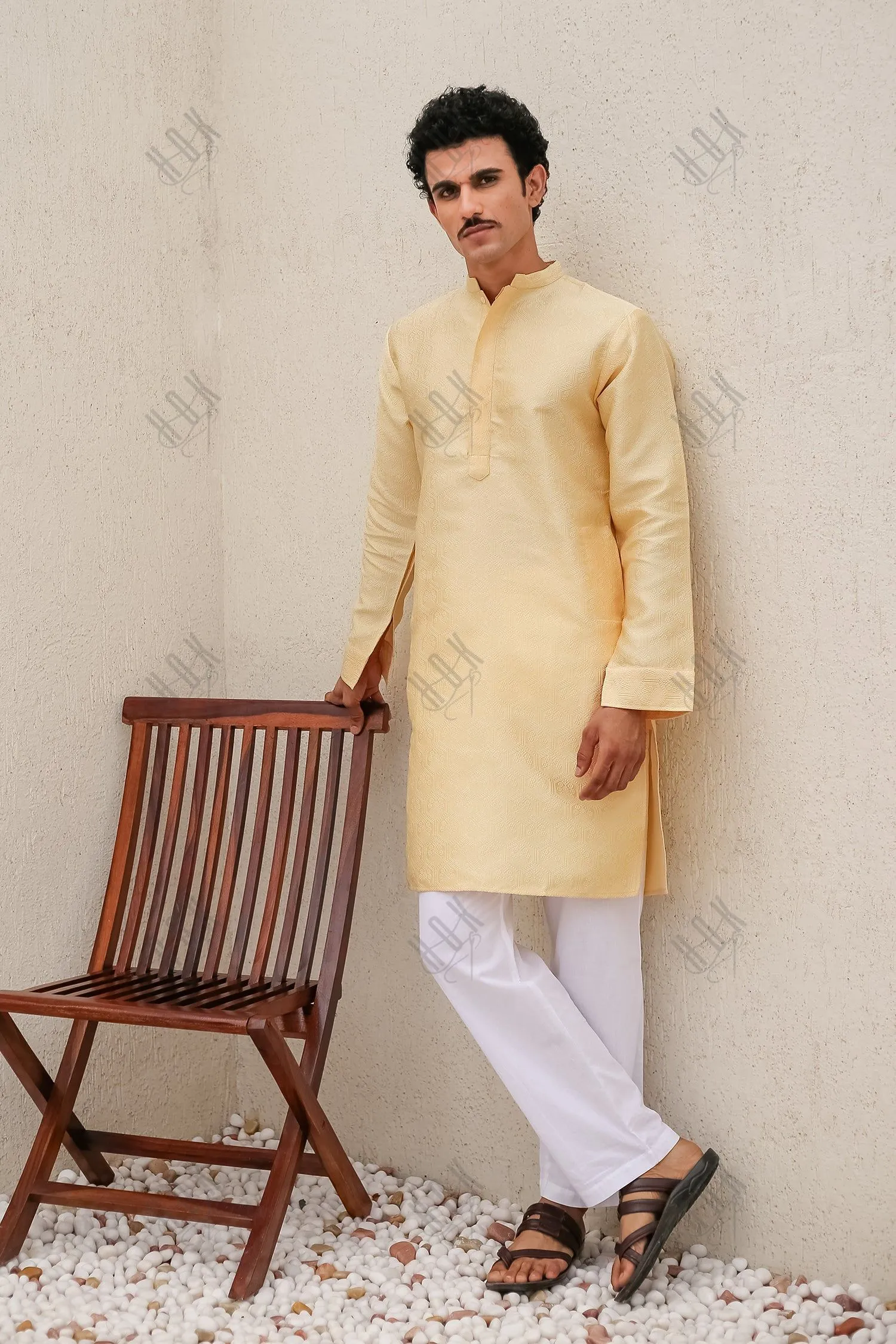 Men's Kurta In Jacquard Self  Yellow