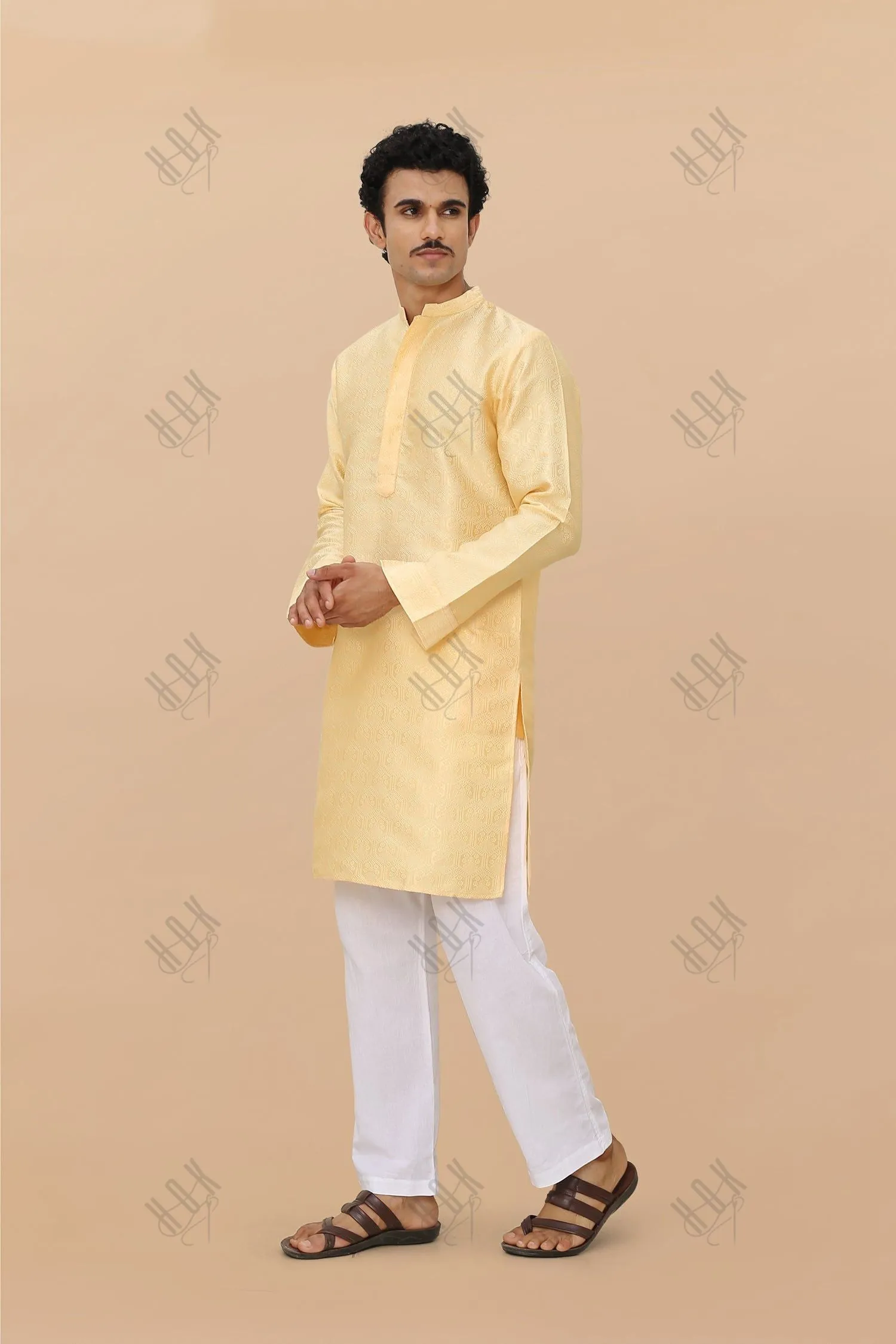 Men's Kurta In Jacquard Self  Yellow