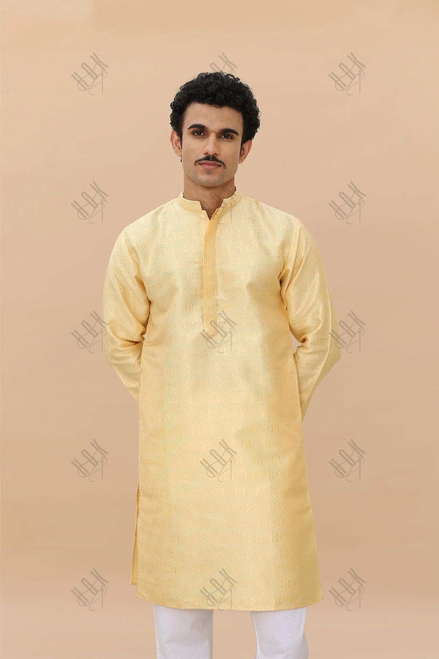 Men's Kurta In Jacquard Self  Yellow