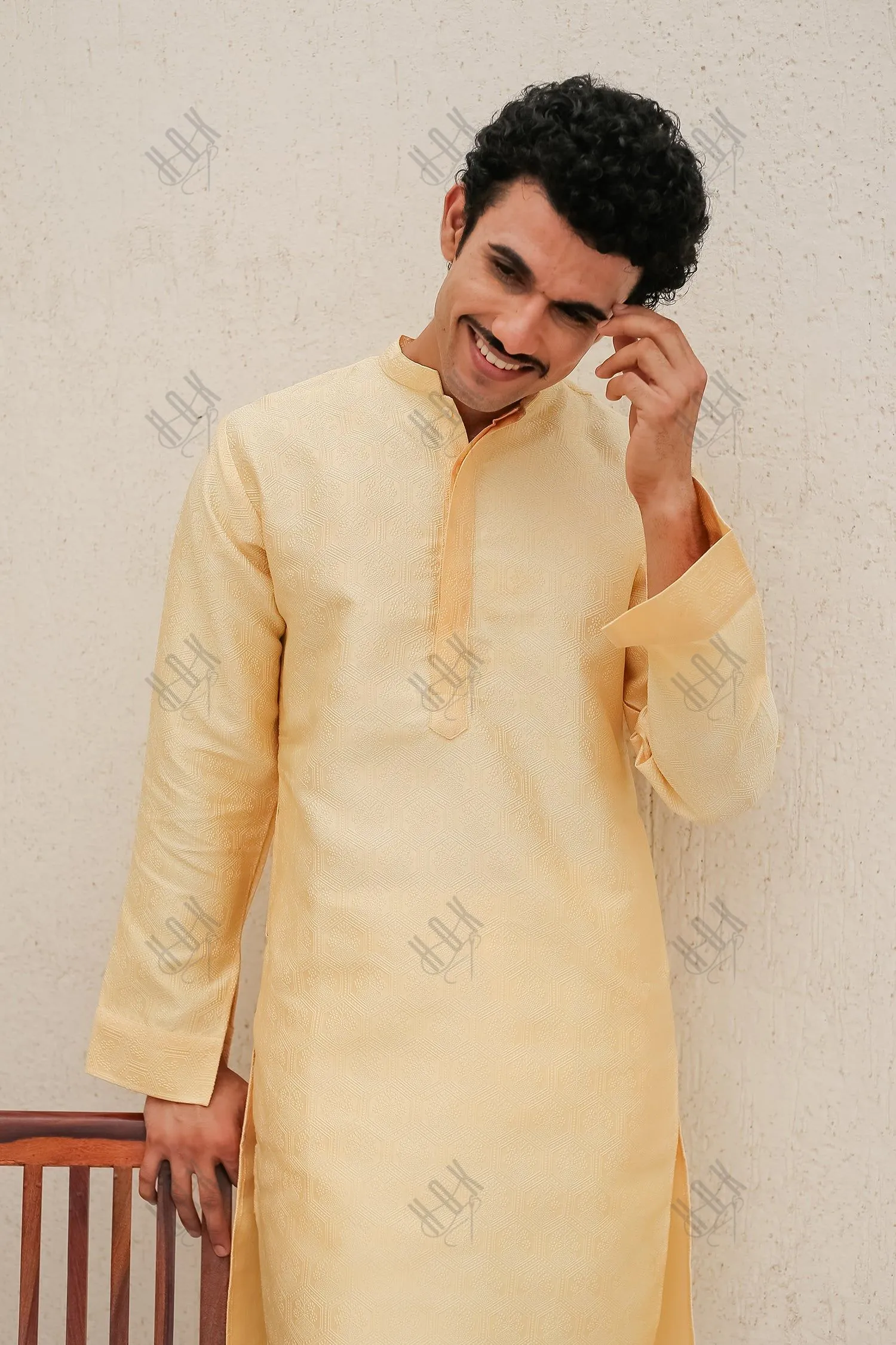 Men's Kurta In Jacquard Self  Yellow