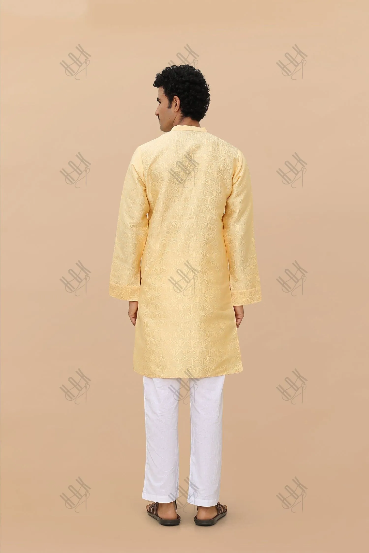 Men's Kurta In Jacquard Self  Yellow