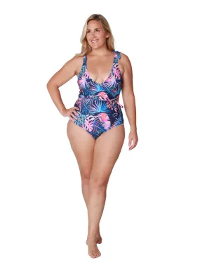 Missy Tie shoulder and belted surplice one piece bathing suit in a Botanique pattern.