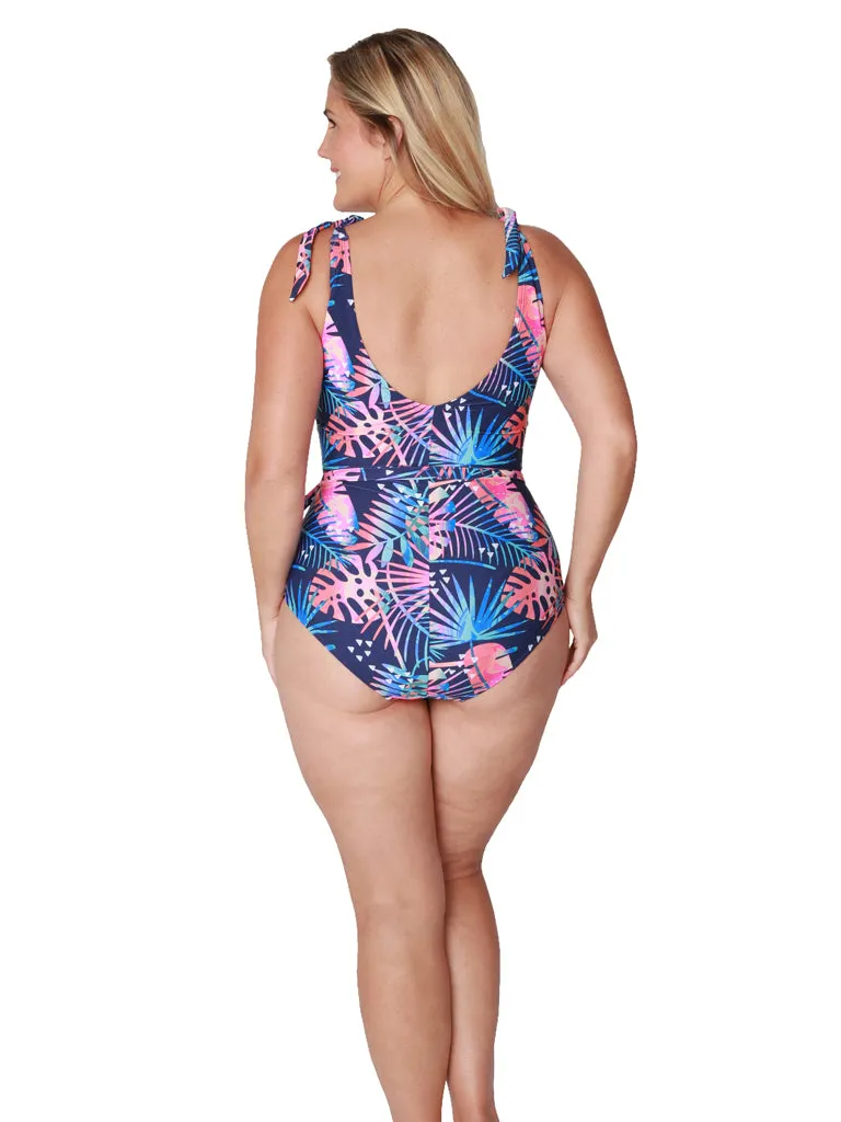 Missy Tie shoulder and belted surplice one piece bathing suit in a Botanique pattern.