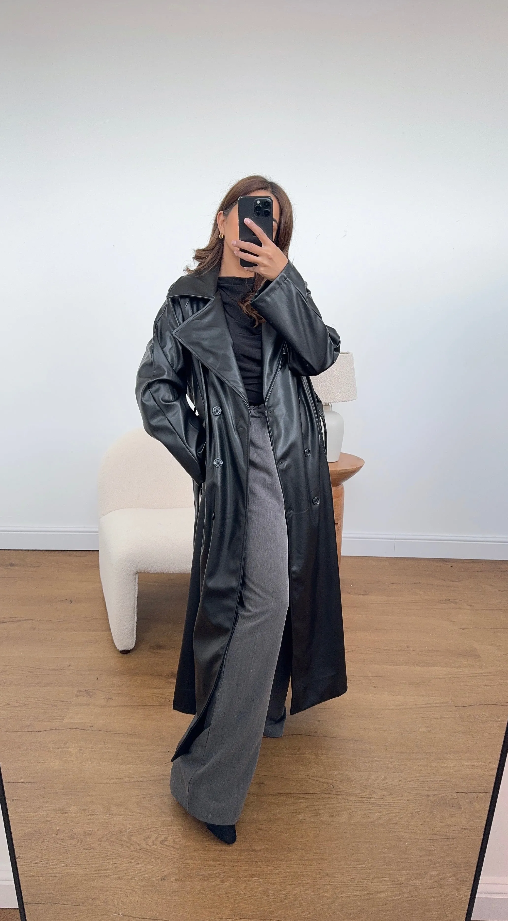 Nila long faux trench coat black