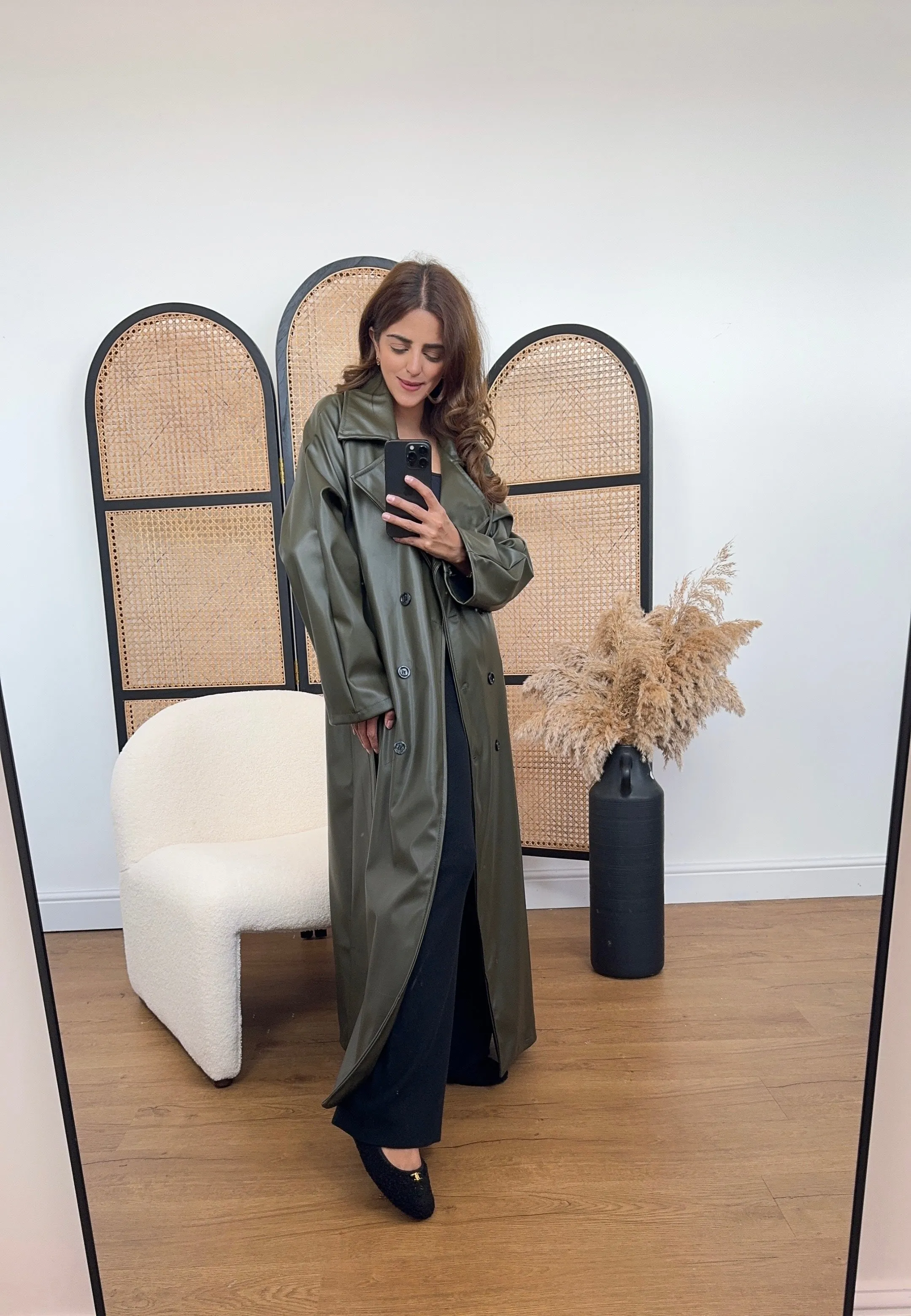 Nila long faux trench coat olive